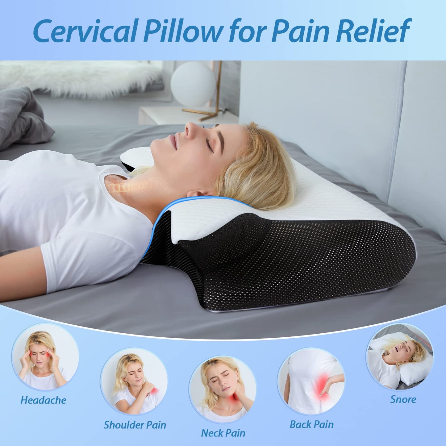 HOMCA Almohada cervical ergonómica 2 en 1, almohada ortopédica de espuma viscoelástica para espalda, de lado y boca abajo, 60 x 13/11 x 40 cm, color negro