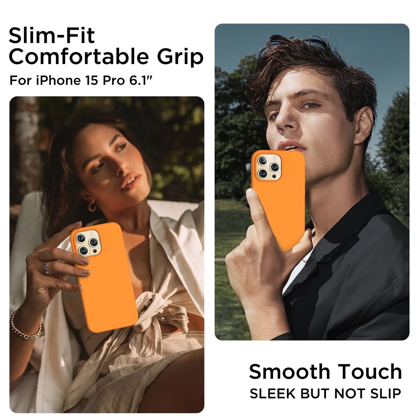 COFFKER - Funda compatible con iPhone 15 Pro, funda de silicona líquida, cuerpo completo, a prueba de golpes, funda delgada y delgada con forro de microfibra suave antiarañazos, 6.1 pulgadas, color naranja
