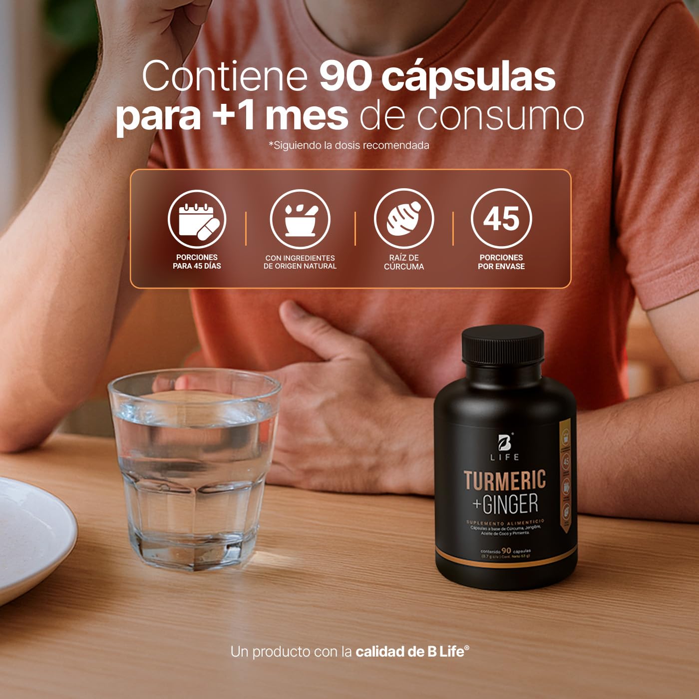 Cúrcuma + Jengibre 90 Cápsulas 1400 mg por porción. Adicionado con Aceite de Coco. Ingredientes naturales. Turmeric + Ginger B Life