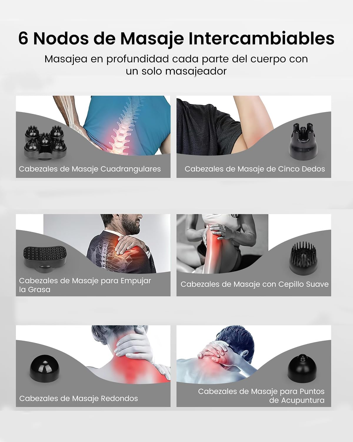 Masajeador de Espalda, Masajeador de Percusión de Tejido Profundo con 6 Cabezales De Masaje 10 Intensidad &12 Modos, Multifuncional Masajeador Muscular, para Cuello, Pierna, Pie, Hombro,Abdomen, Brazo, Función De Calefacción(Gris)