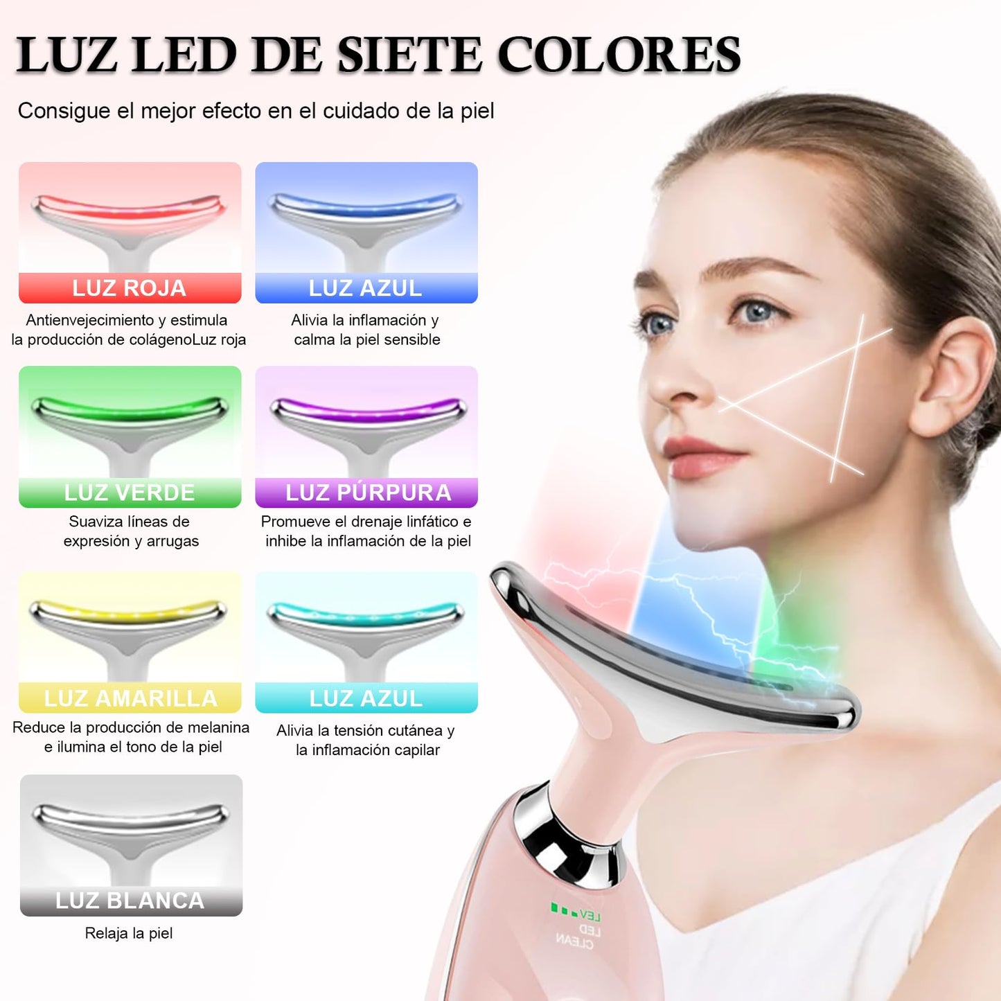 Masajeador Facial Cuello, Antiarrugas Masajeador de Belleza con 7 Modos, Máquina Belleza Facial Electrico con Luz LED, Limpieza profunda, Antienvejecimiento,cuidado facial recargable por USB