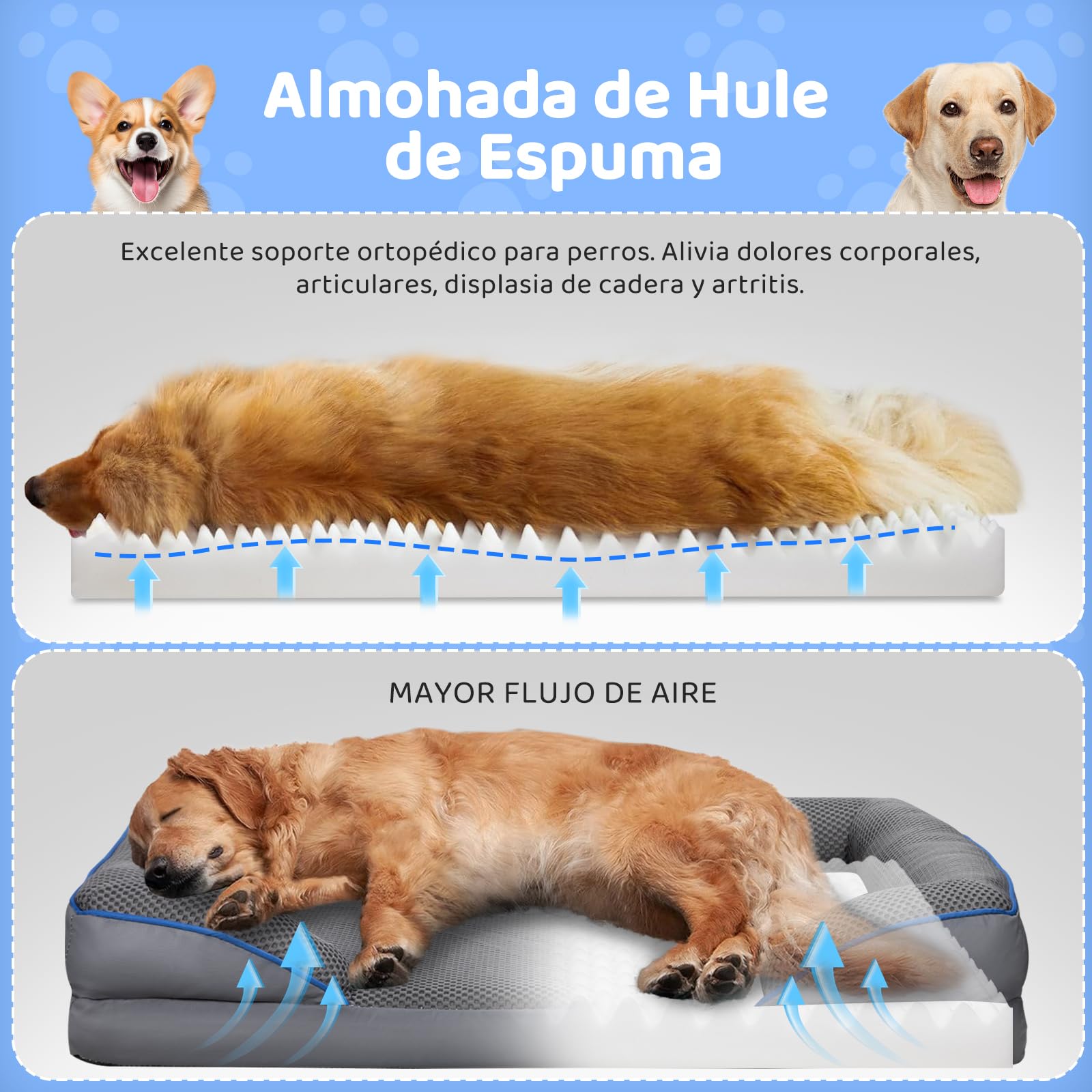 Cama Ortopédica para Perro Mediano wishkit Gris con Fondo Antideslizante y Bordes Acolchados