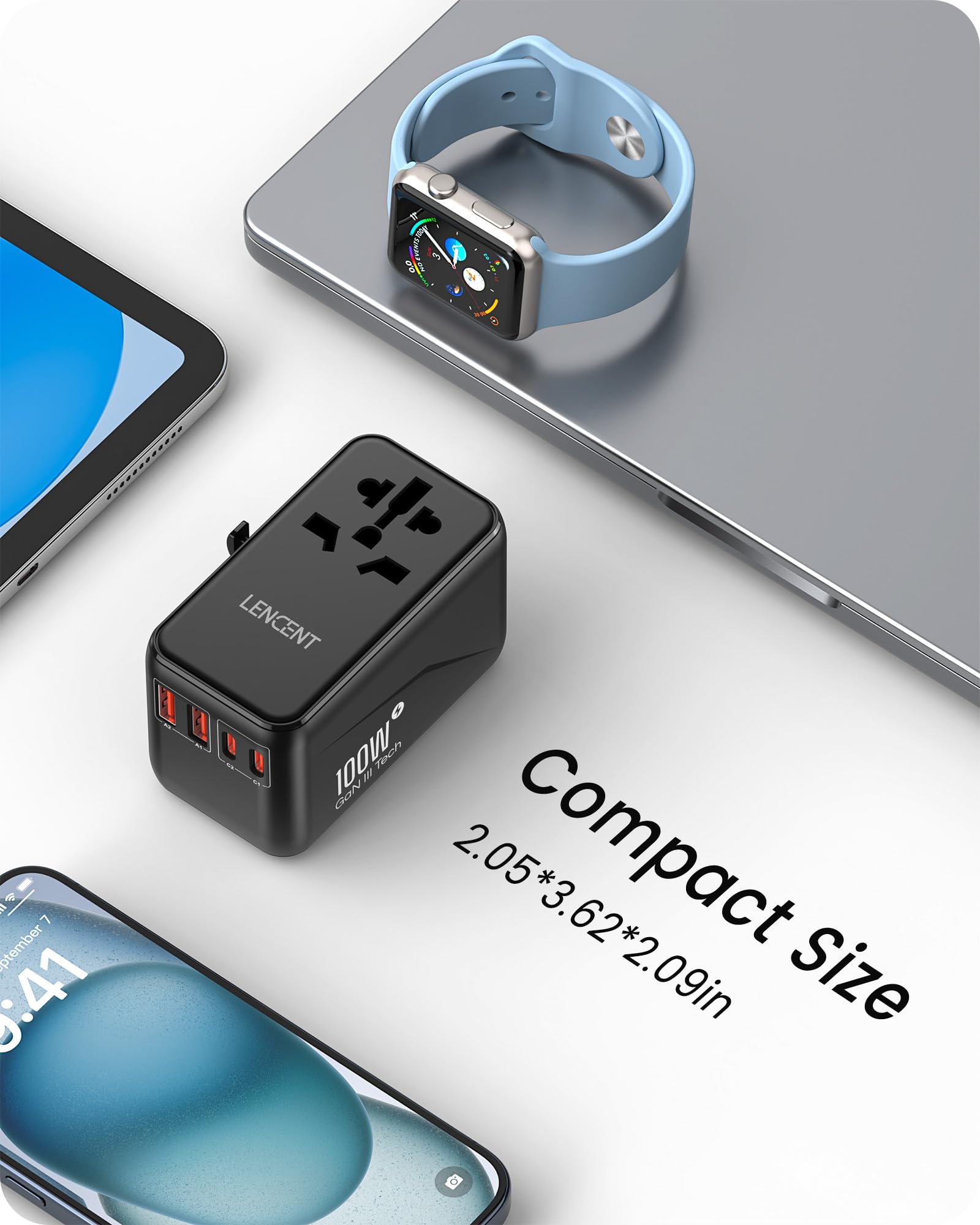 LENCENT Adaptador Universal de Viaje, GAN III 100W Adaptador Internacional con 2 USB QC4.0&2 USB-C PD3.0 Carga Rápida, Cargador Mundial para Teléfono Móvil, Portátil, Negro