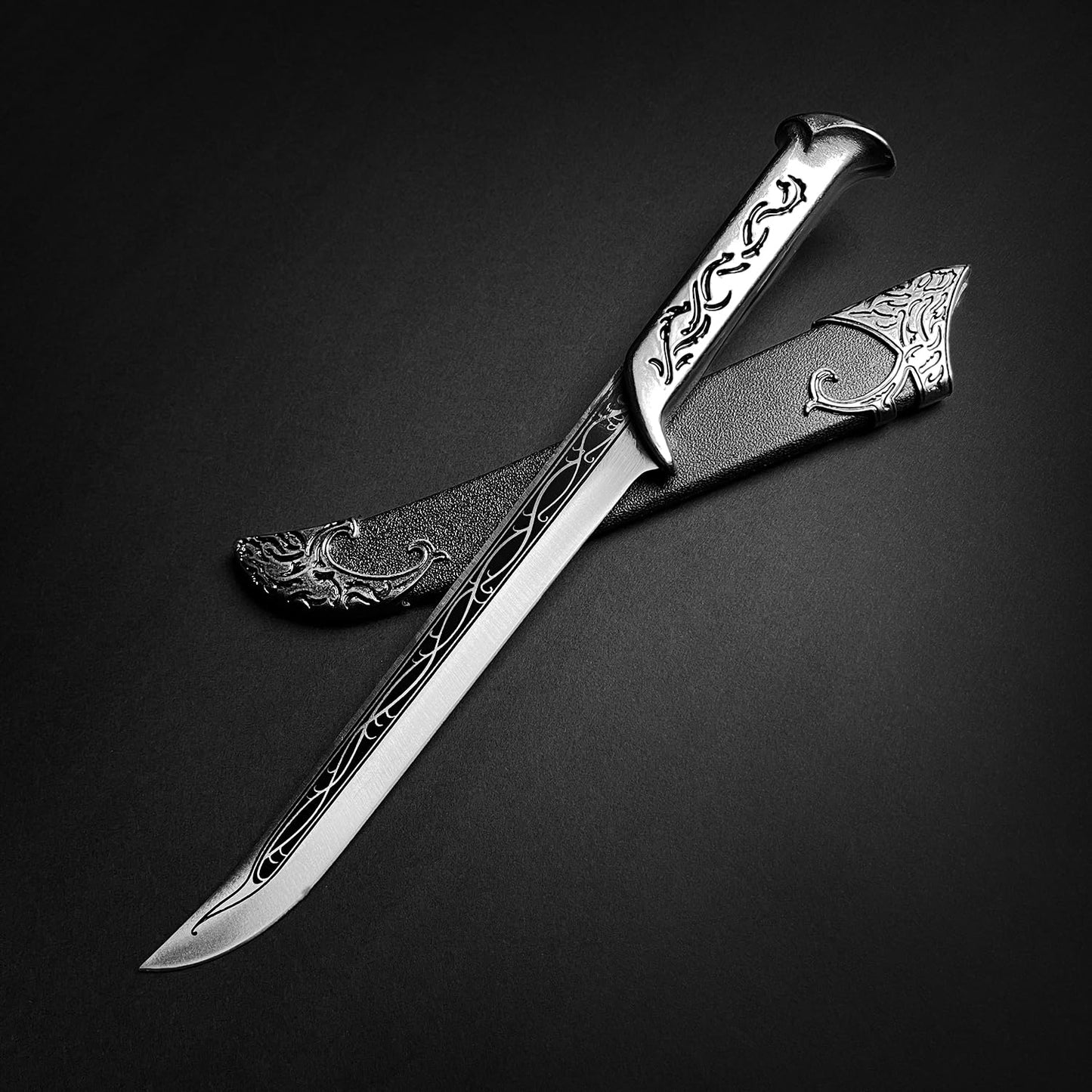 otaku gear Daga de fantasía medieval de 28 cm (11") estilo élfico - Artículo de colección para decoración, cosplay y accesorios para ferias renacentistas - Plateado/Negro