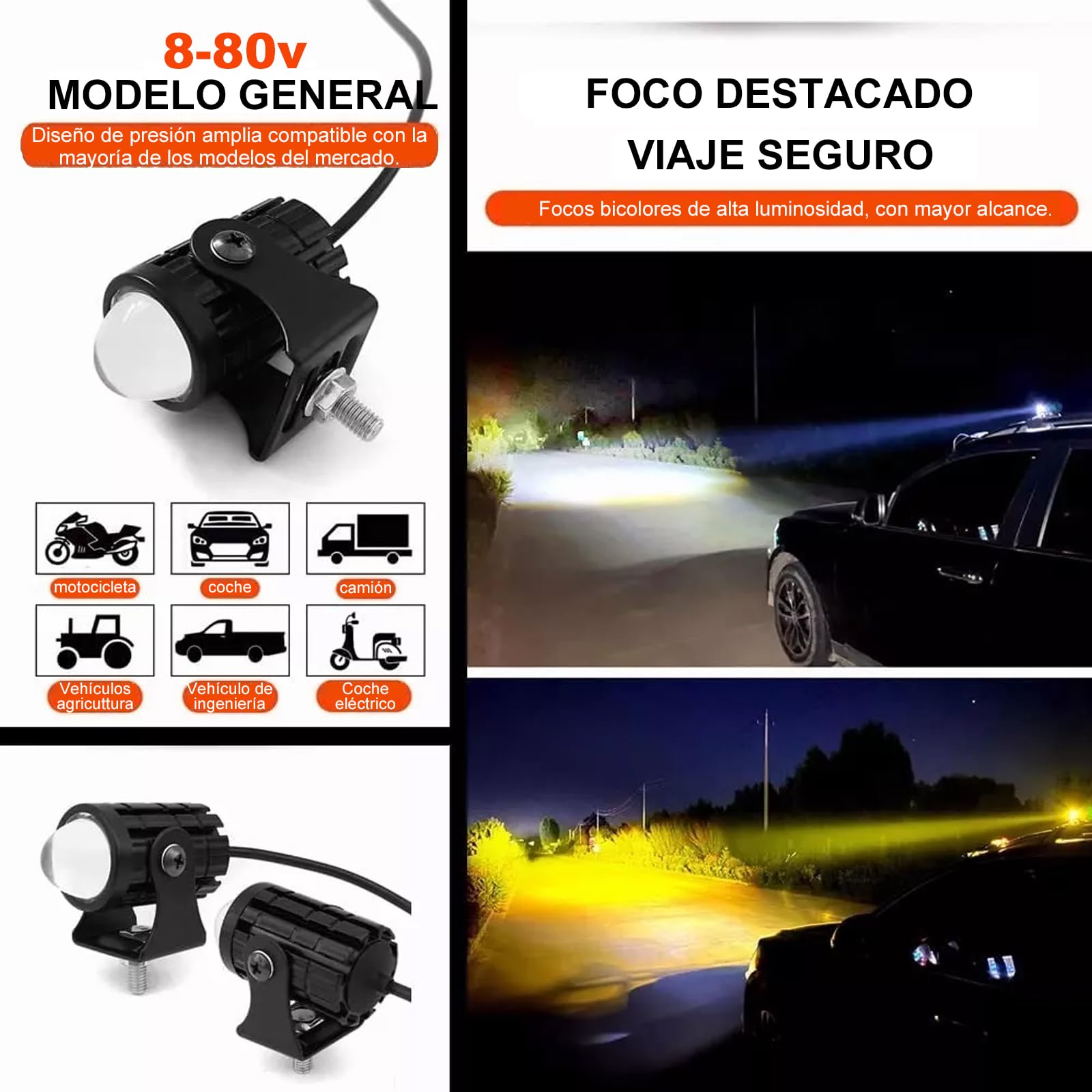 BAKEWAY Luces de Conducción de Motocicleta 65W - Antiniebla Con Dos Colores, 6000K LED Impermeable Para Moto, SUV, UTV, Bicicleta Eléctrica