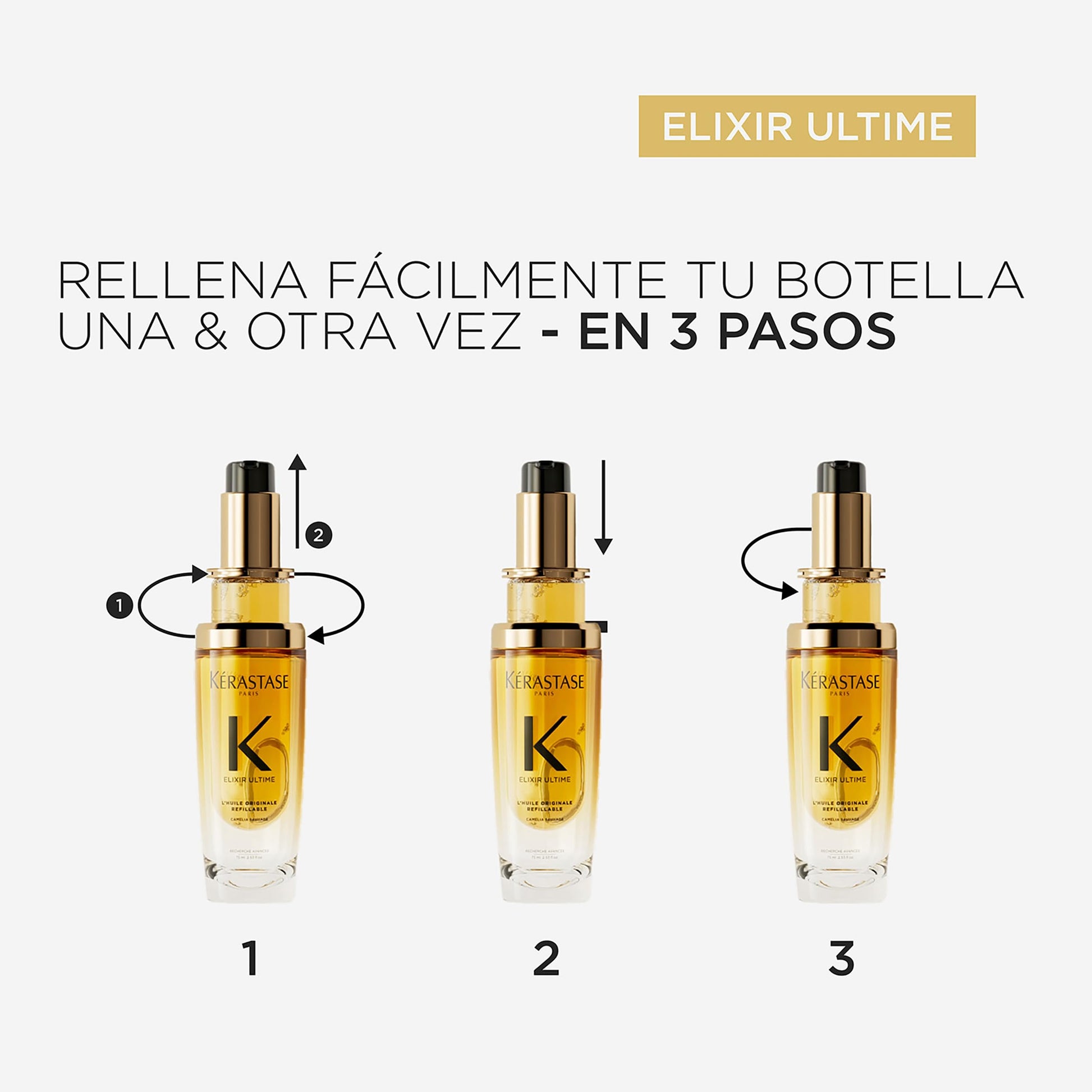 KÉRASTASE Elixir Ultime L’Huile Aceite Capilar Hidratante para Suavizar, Eliminar el Frizz y Añadir Brillo Con Camelia Francesa y Aceites Nutritivos Ofrece Protección Contra el Calor Para Todo Tipo de Cabello 75ml Refill