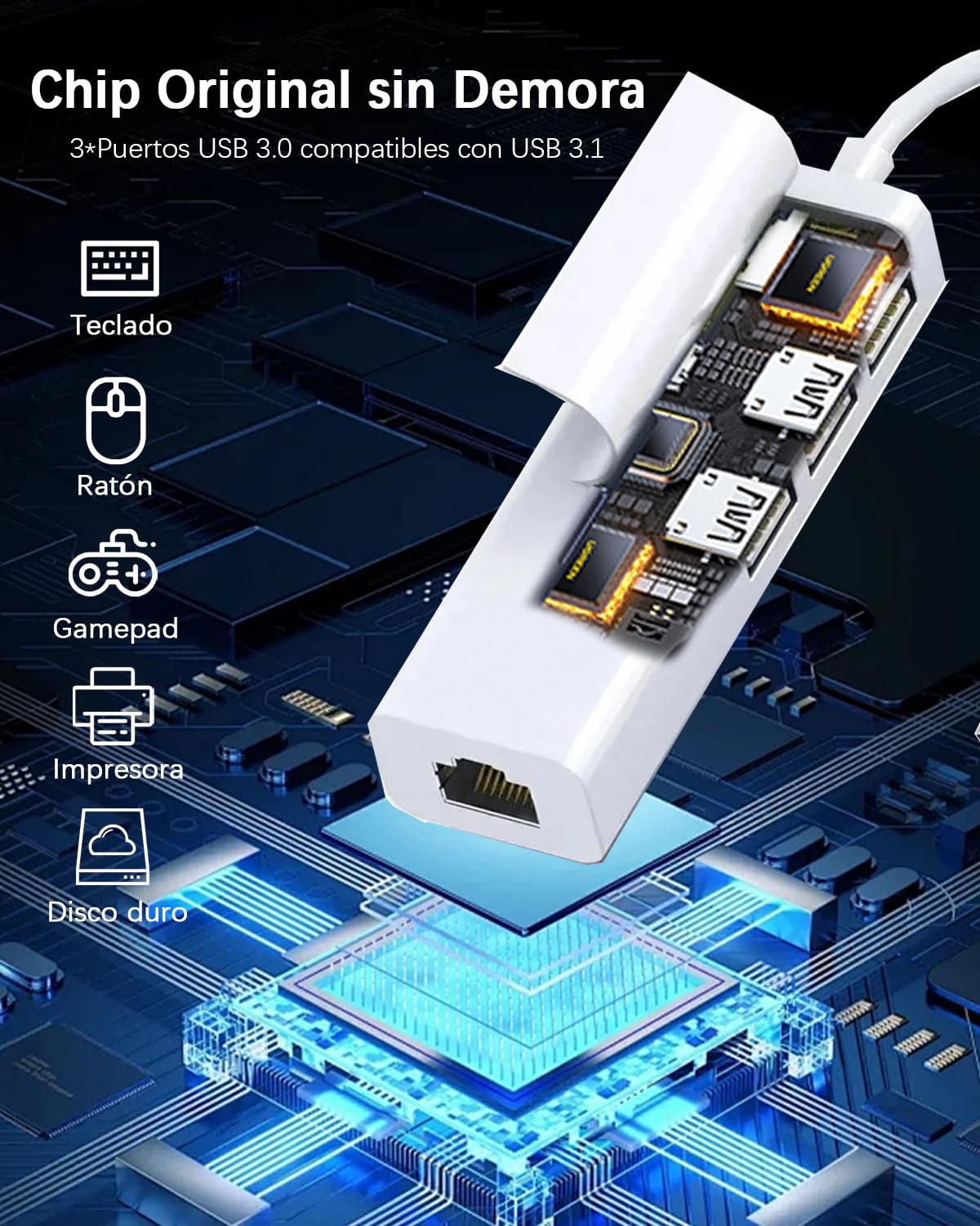 Adaptador Ethernet USB A 3.0 YRTRGJ Blanco con Hub y Docking Station Compatible con PC, MacBook, Surface y Windows