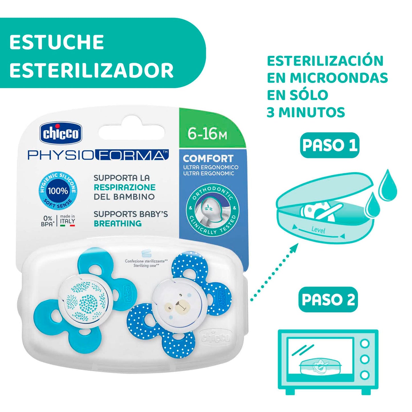 CHICCO, Set de Chupón para Bebé PhysioForma Comfort, 6 a 16 meses, Color Azul