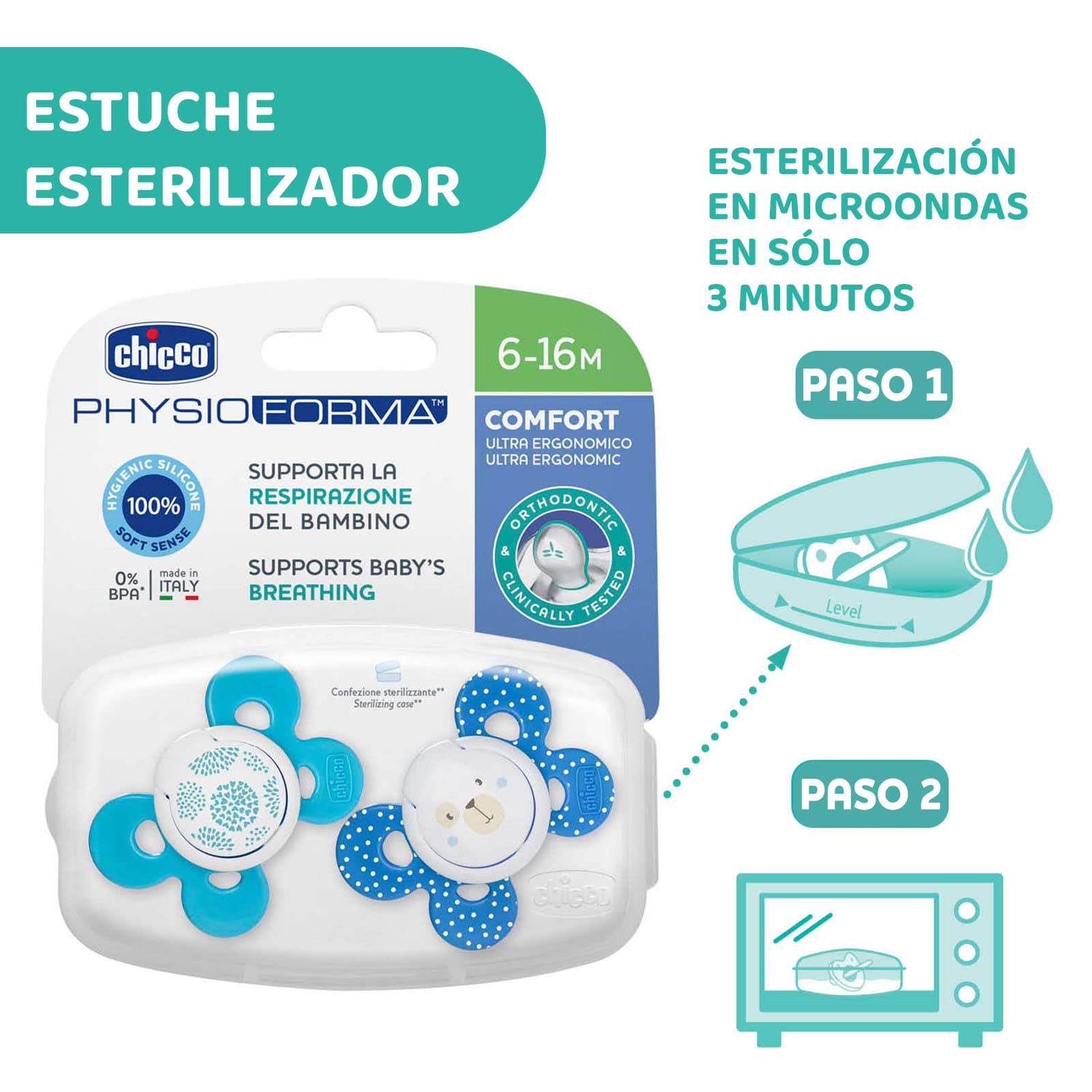CHICCO, Set de Chupón para Bebé PhysioForma Comfort, 6 a 16 meses, Color Azul