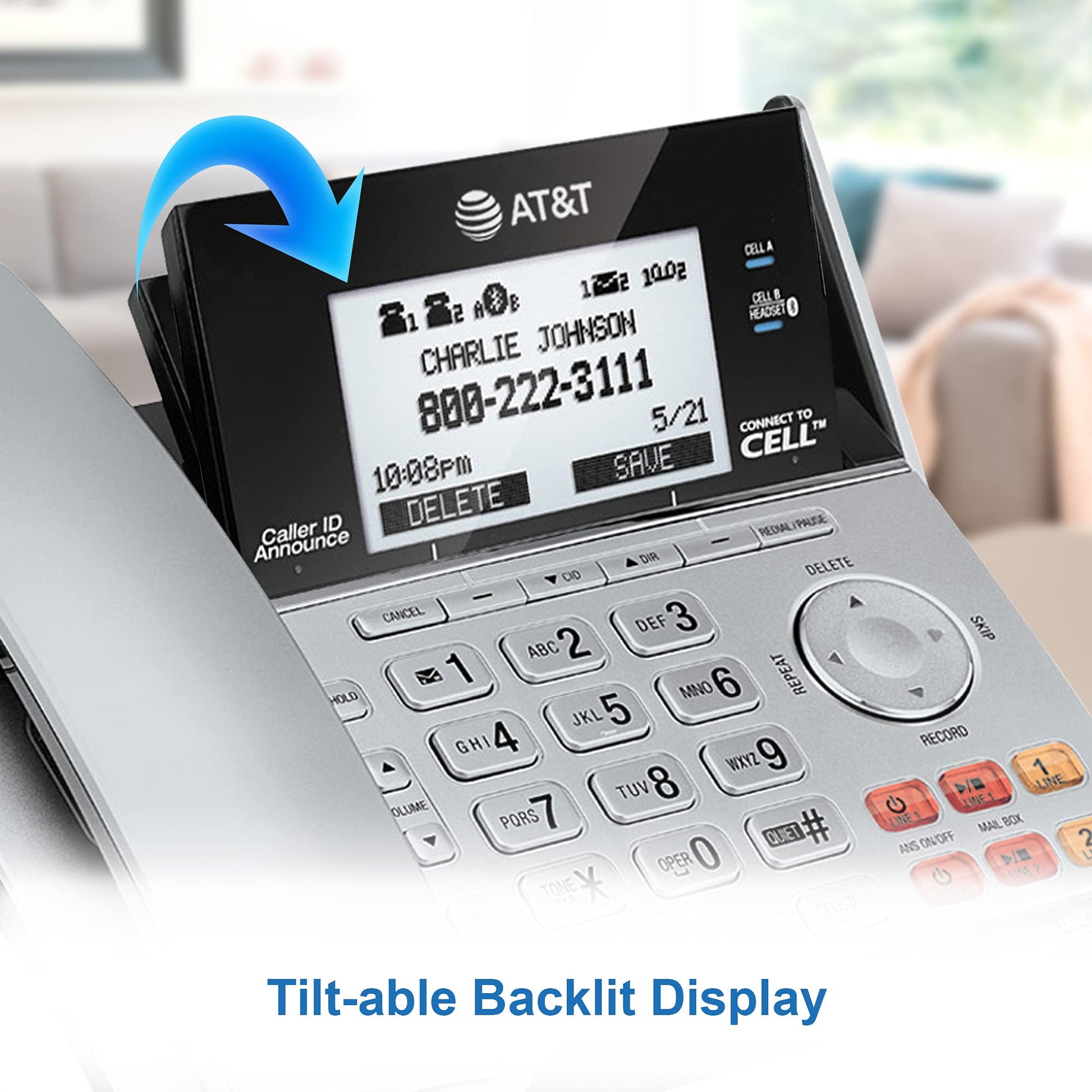 AT&T TL86103 DECT 6.0 Connect to Cell 2 Line Answering System with Caller ID/Call Waiting, 1 Corded & 1 Cordless Handset, Silver/Black