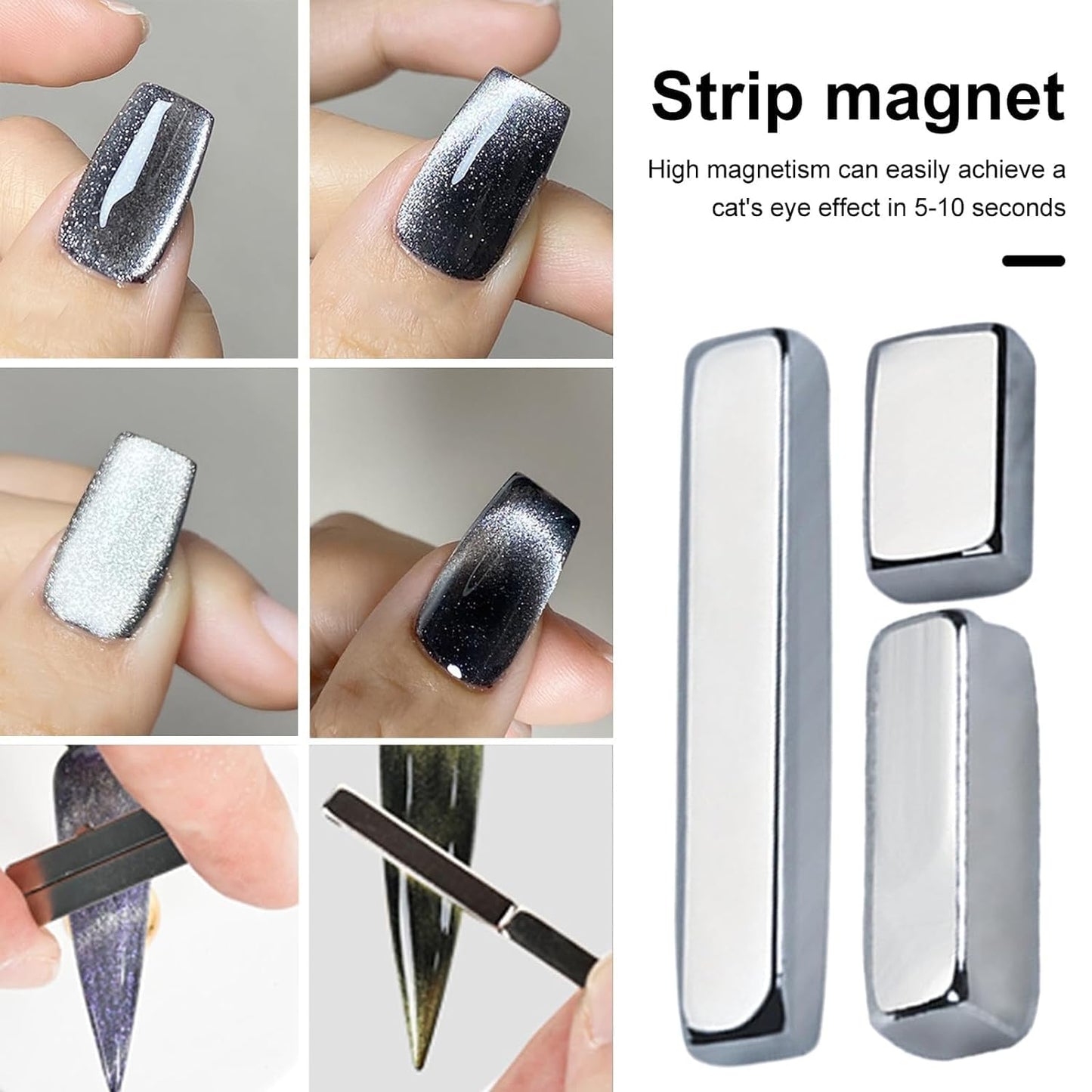 YSSZAM Varita magnética de doble cabeza plateada para ojos de gatos 3D, uñas multifuncionales y fuertes con imán de tira larga para manicura de bricolaje, esmalte de uñas de gel, herramientas de arte