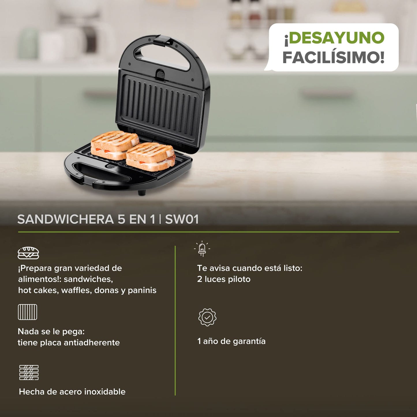AVERA Sandwichera 5 en 1 (Incluye Placas para Waffles, Hot Cakes, Parrilla Panini Sandwich y Donitas), Sandwichera Electrica, Sanwichera | Color Negro | SW01