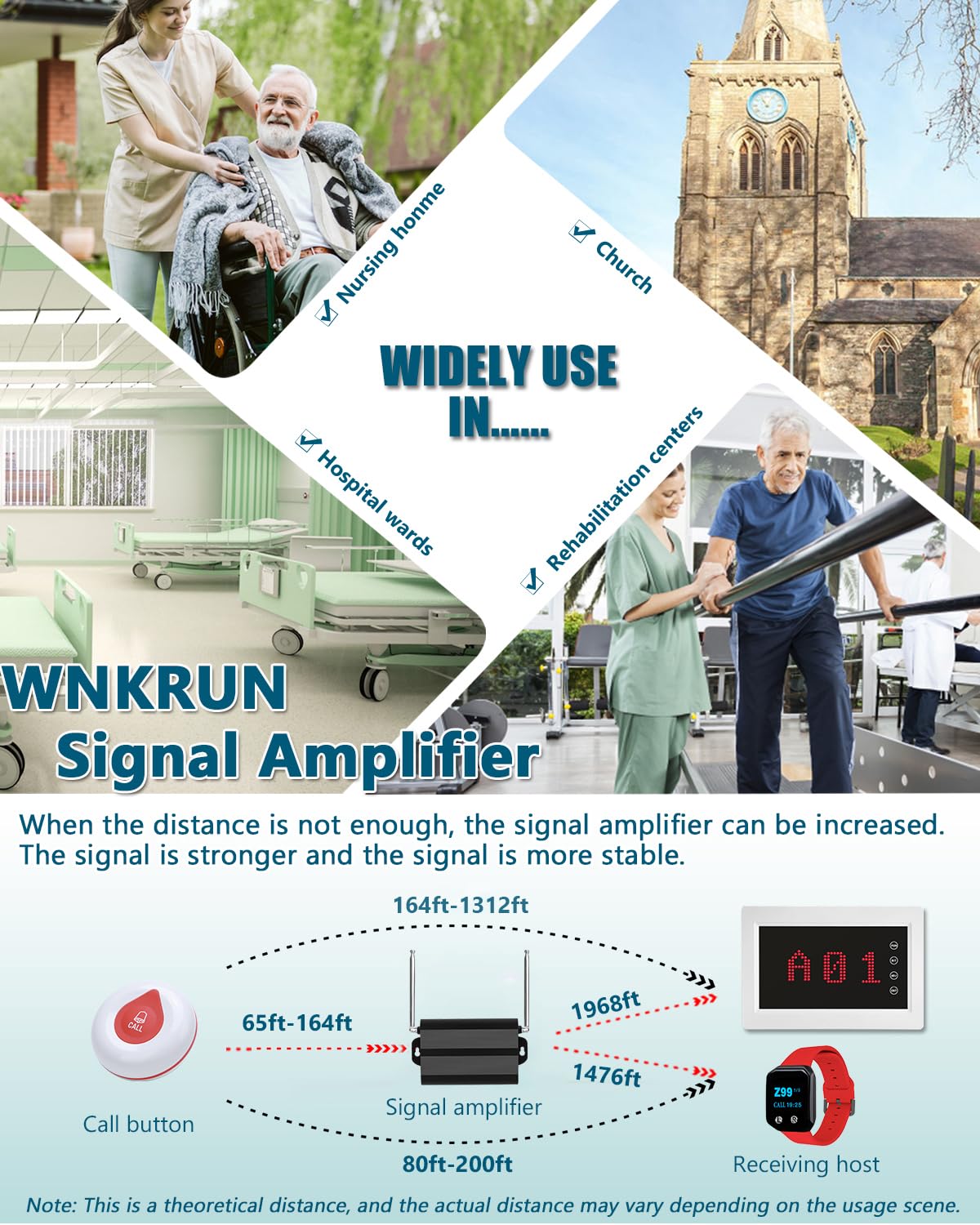 WNKRUN - Sistema de llamadas inalámbricas para cuidadores de 1200 pies con 1 receptor de visualización/control remoto inalámbrico/10 botones de llamada impermeables para cuidadores de clínica de