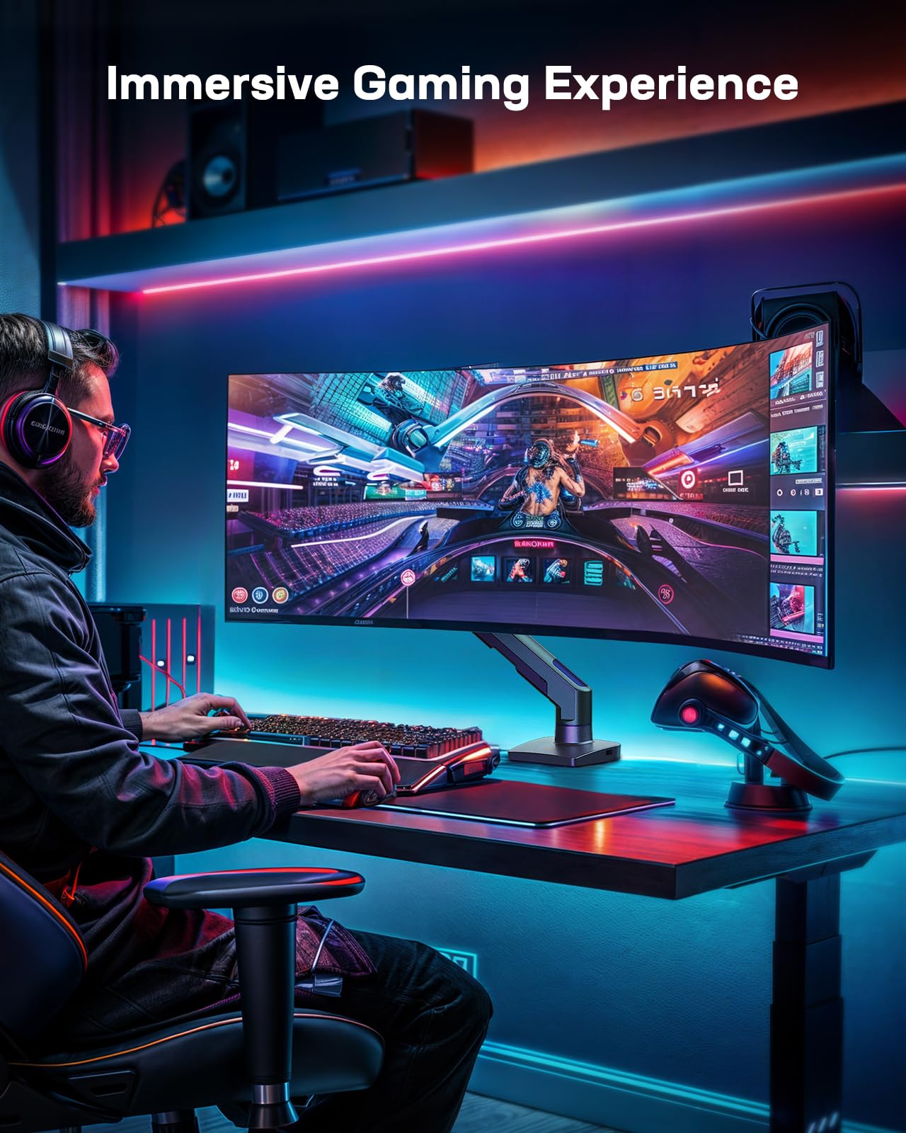 HUANUO - Brazo de monitor resistente para pantallas de 49 pulgadas de hasta 35 libras, brazo de visualización ultra ancho de aluminio para Samsung Odyssey G9 y más, soporte de monitor totalmente