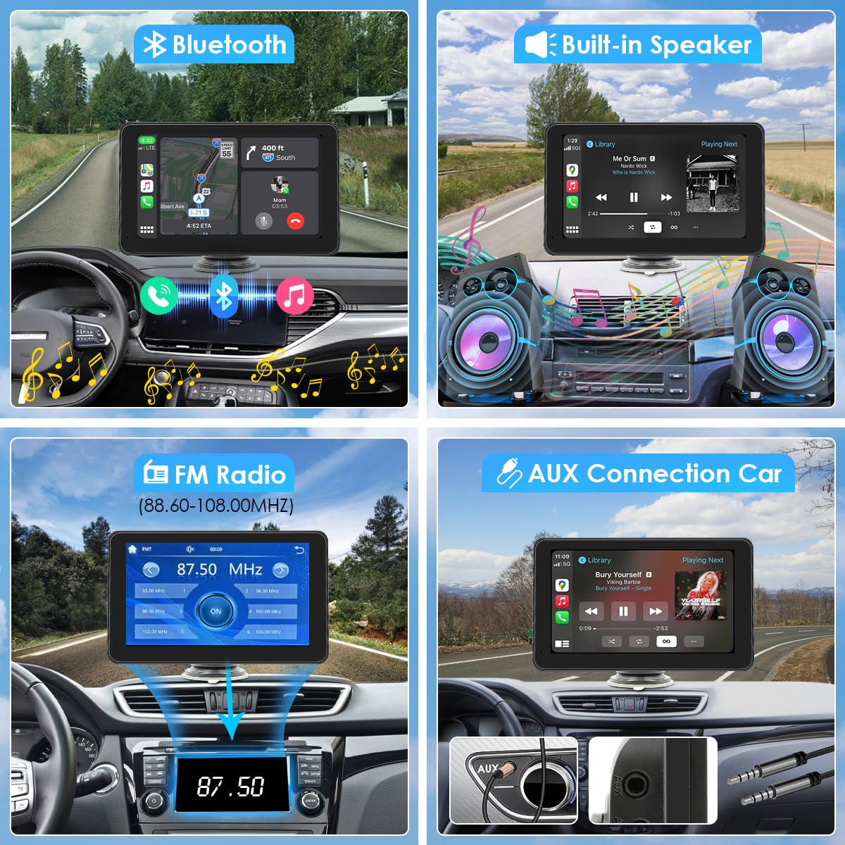 HIMICAR Autoestereo Portátil Estéreo con Inalámbrico Apple Carplay & Android Auto/Mirror Link, 7 Pulgadas IPS HD Pantalla Completa Táctil, Control de Voz, FM, Bluetooth, AUX, TF + Cámara Trasera