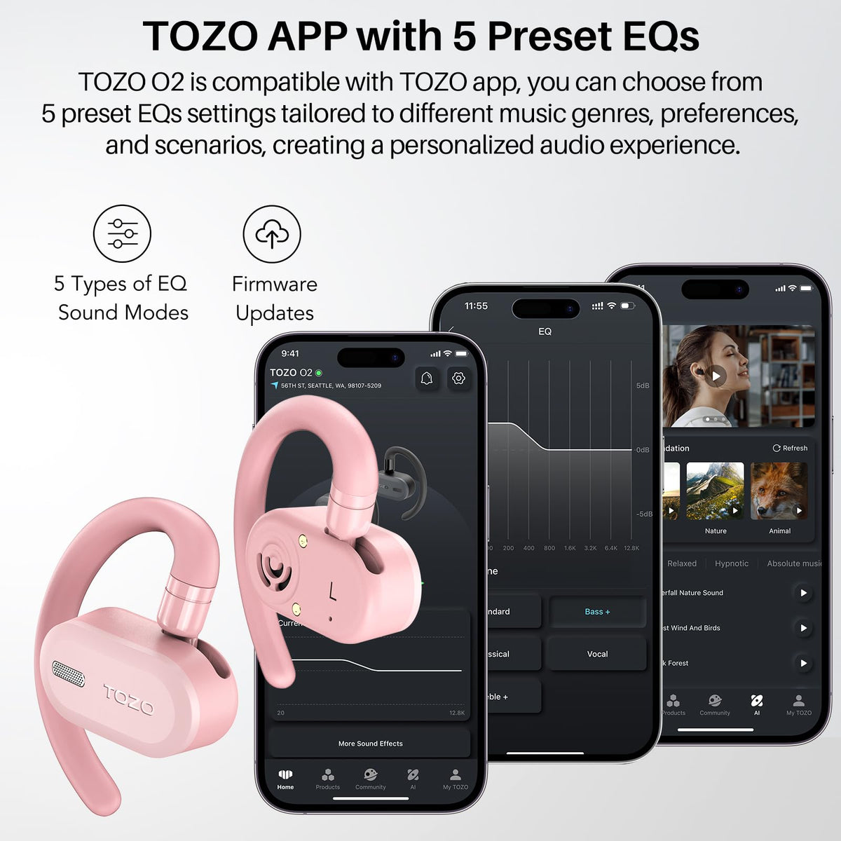 Auriculares Inalámbricos TOZO O2 Rosa con Ajuste Multiángulo y Diseño de Doble Eje para Comodidad Duradera