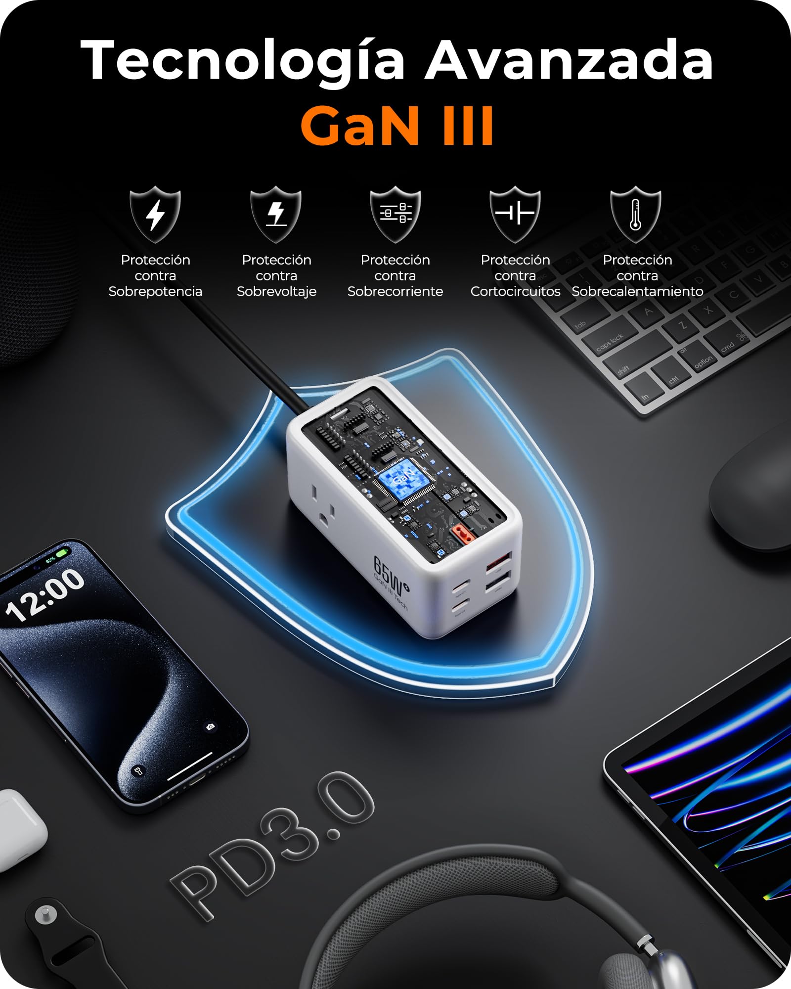 LENCENT Cargador USB C y PD 65W, Cargador Rápido GAN III Tech con 3 Tomas CA + 4 Puertos USB, Estación de Carga USB C de Cable para iPhone, iPad, Macbook, Galaxy, Huawei, Switch y más, Blanco