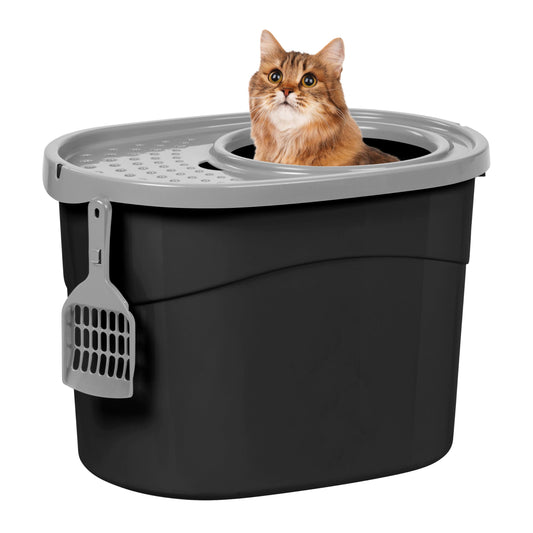 IRIS USA Arenero ovalado para gatos con entrada superior y pala, arenero para gatitos, caja de arena para gatos, grande, Negro/Gris