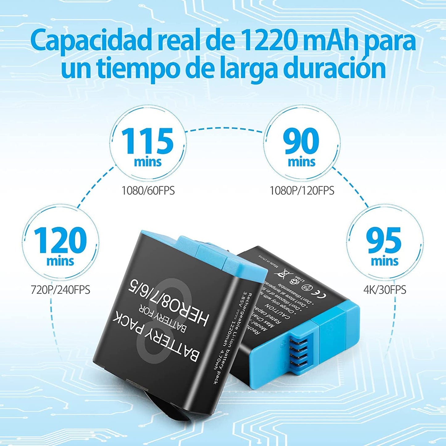 Baterías de Repuesto PHTEGI Hero 8 1220 mAh con Cargador USB LED 3 Canales para GoPro Hero 8/7/6/5 Black