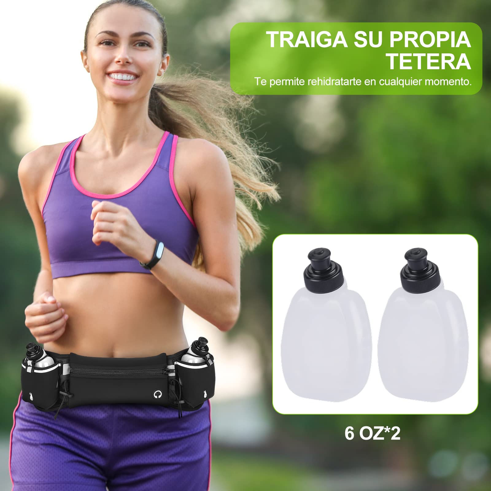 Cangurera Deportiva,HONGHCL Riñonera Deportiva con 2 Botellas de Agua,Cangurera Deportiva para Correr,Bolsa Deportiva con Cinturón Regulable,Bolsillos de Auricular y Teléfono(Negro)