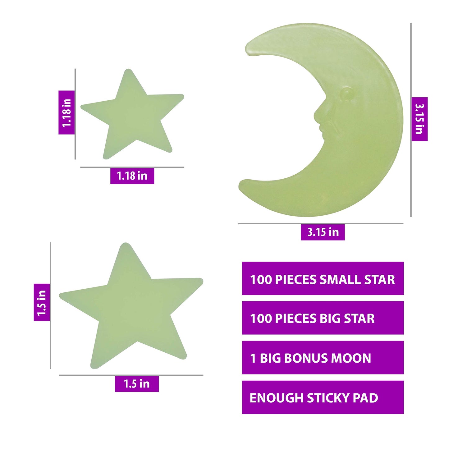 Juego de 201 pegatinas de luna grandes que brillan en la oscuridad con estrellas fluorescentes, luminosas de diferentes tamaños, decoración de techo para dormitorio de niños, fiesta de cumpleaños