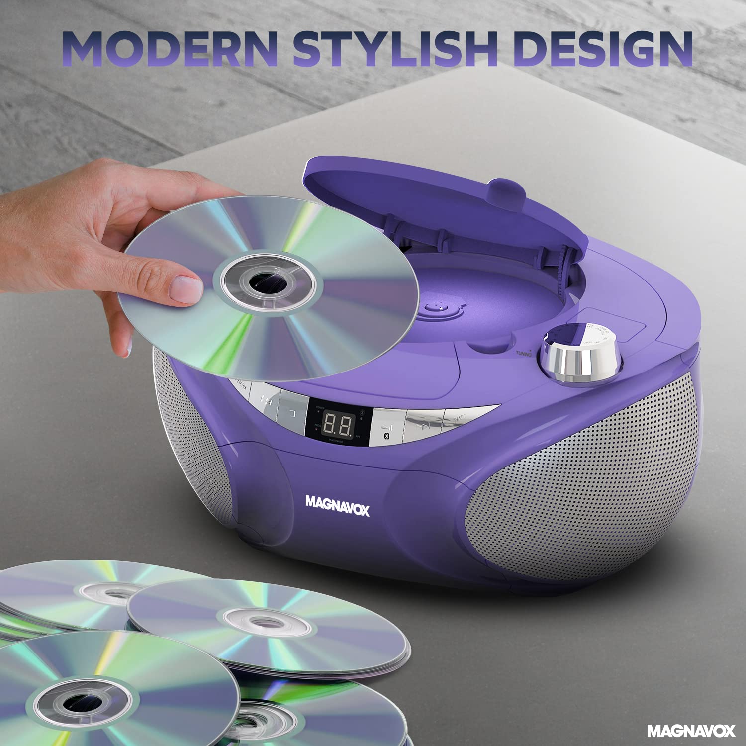Magnavox MD6949-PL - Boombox portátil de carga superior con radio estéreo AM/FM y tecnología inalámbrica Bluetooth en color morado | Compatible con CD-R/CD-RW | visualización LED |