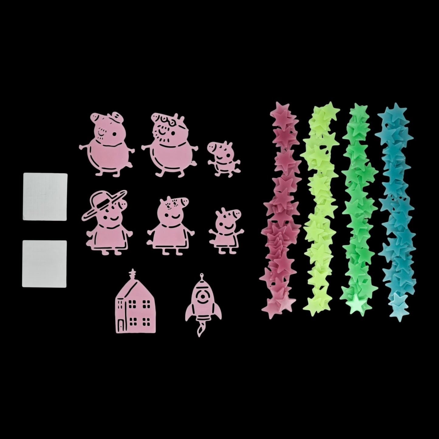 Peppa Pig - Calcomanías de pared que brillan en la oscuridad, decoración de dormitorio con licencia oficial, incluye 200 estrellas, 6 personajes, cohete y casa, accesorios para habitación de niños