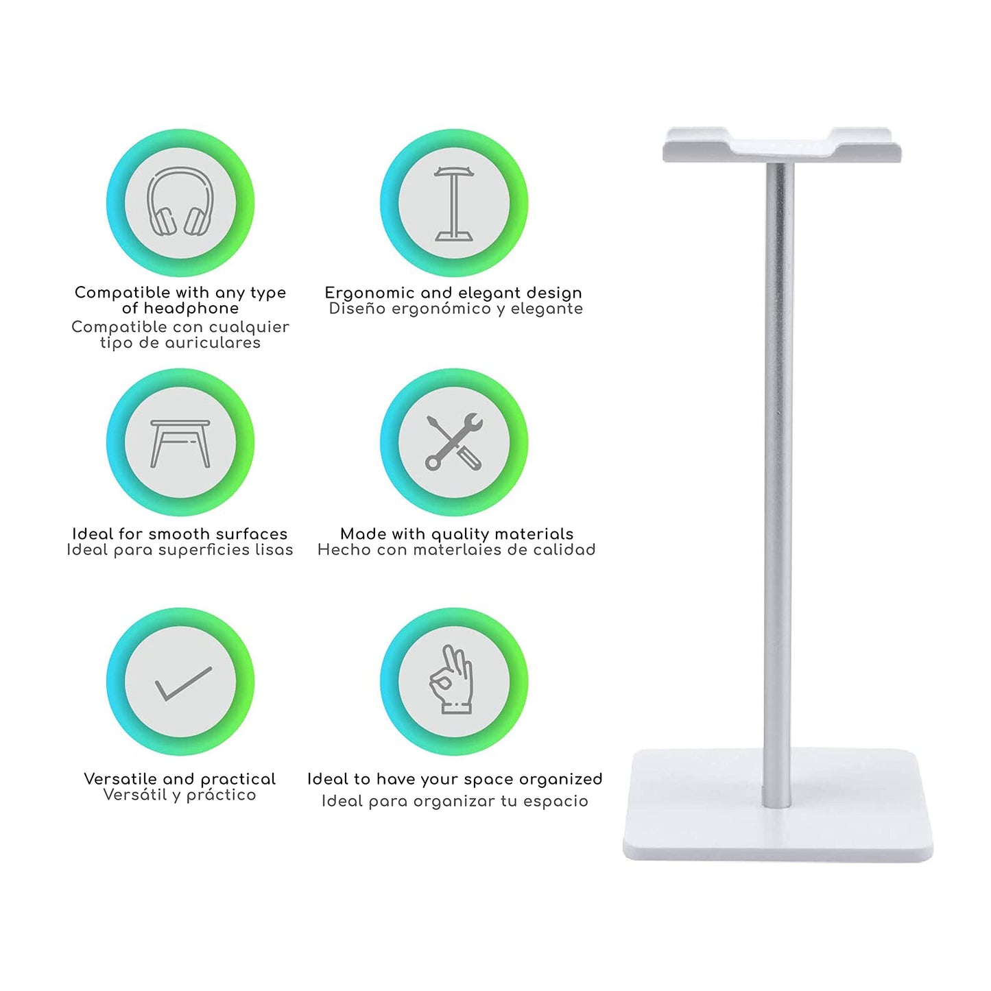 Lenfech boldR Soporte Blanco con Plateado para Audífonos/Base Universal de Escritorio para Auriculares. Headphone/Gaming Headset Stand.