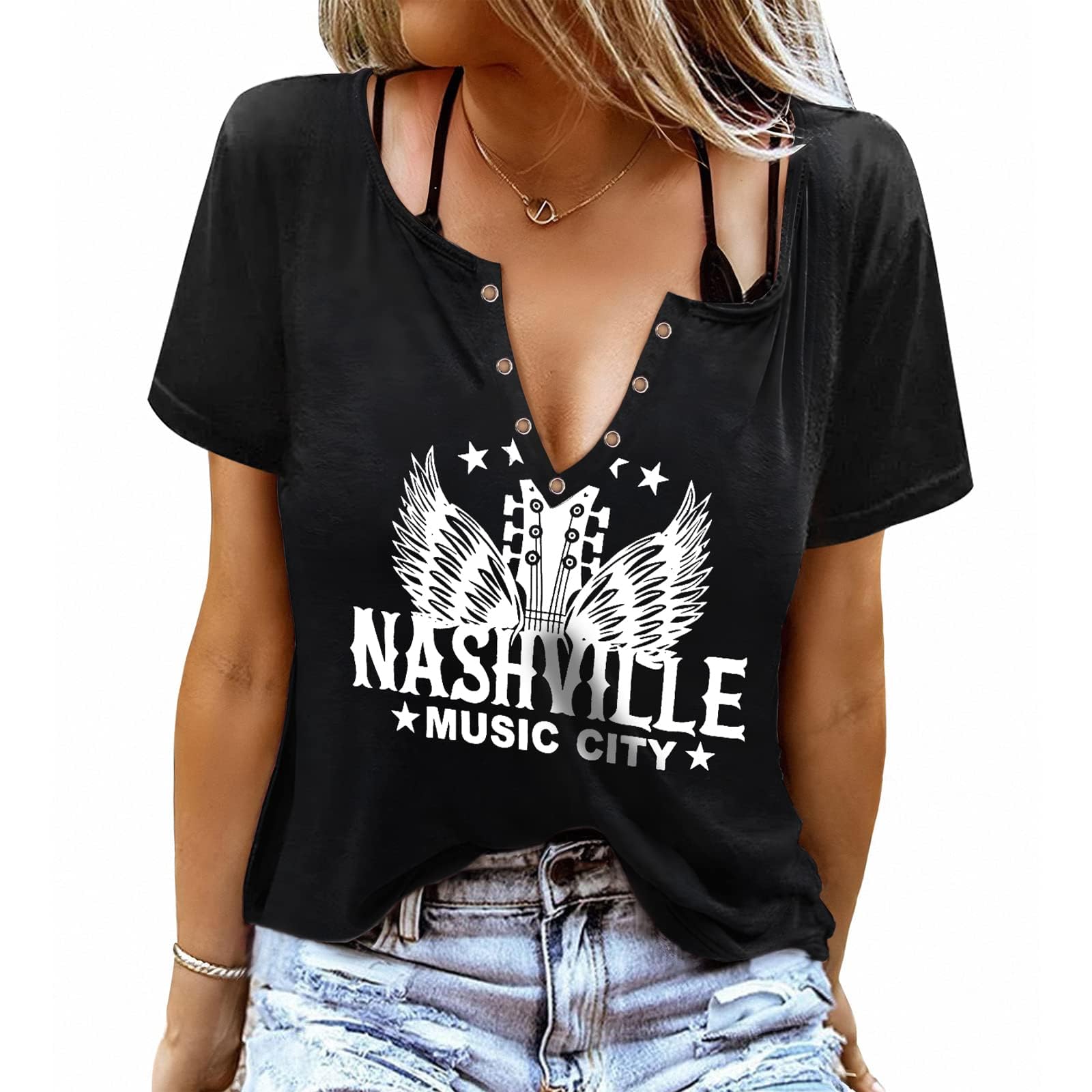 Rock and Roll - playera sin mangas con alas de guitarra, concierto, estilo clásico, country, con cuello en V, sexy, sin mangas, para mujer, Nashville a, XX-Large