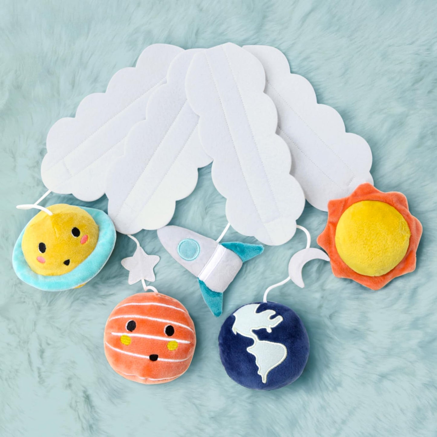 Móvil de Cuna The Peanutshell para Niños o Niñas - Móvil Musical para Cuna de Bebé Blanco y Azul Oscuro con 12 Nanas, Decoración de Habitación de Bebé Espectacular del Espacio con Planetas