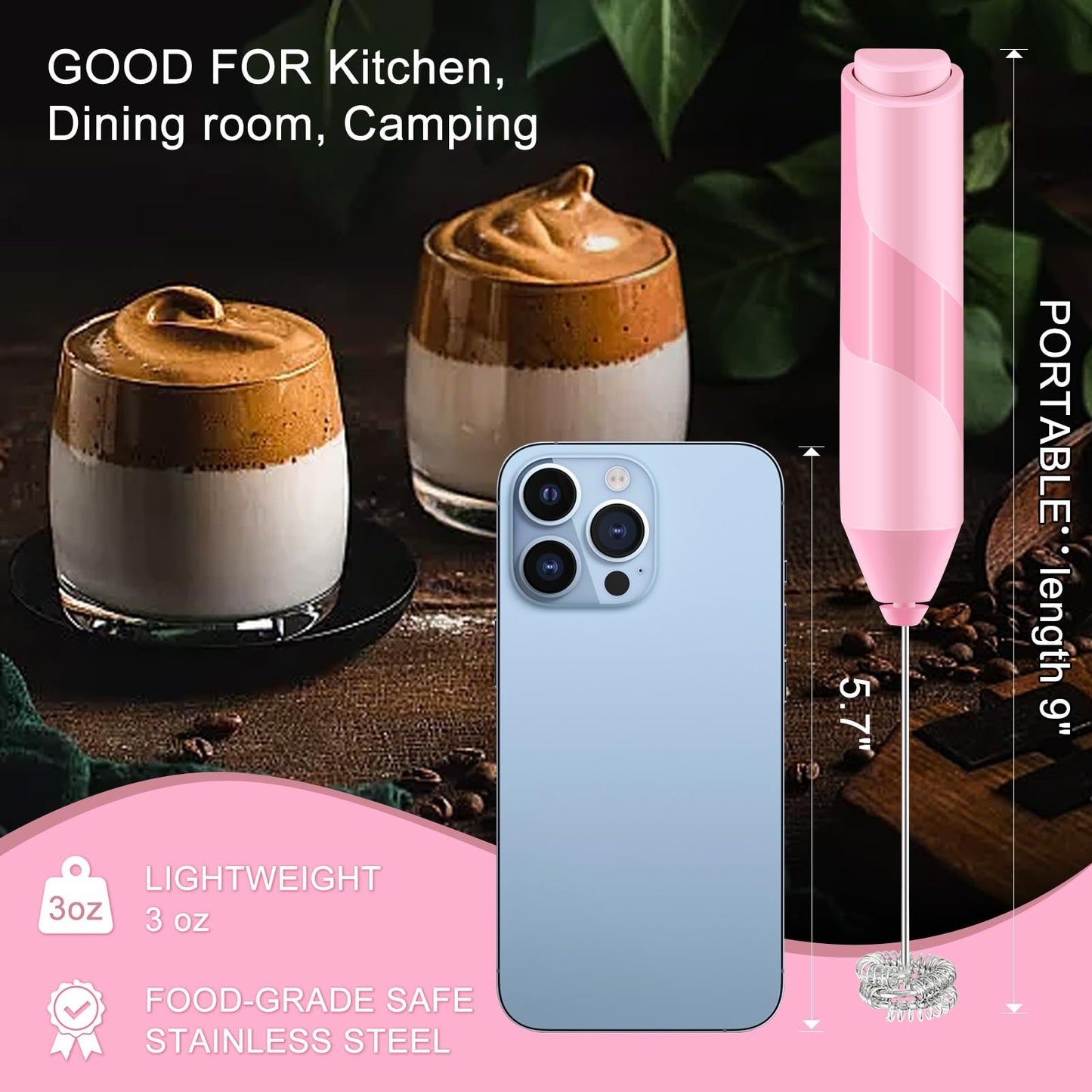 Espumador de leche doble batidor, batidora eléctrica de mano, mezclador de bebidas con agitador de acero inoxidable de grado alimenticio, máquina de espuma con pilas para café, capuchino, Matcha, café