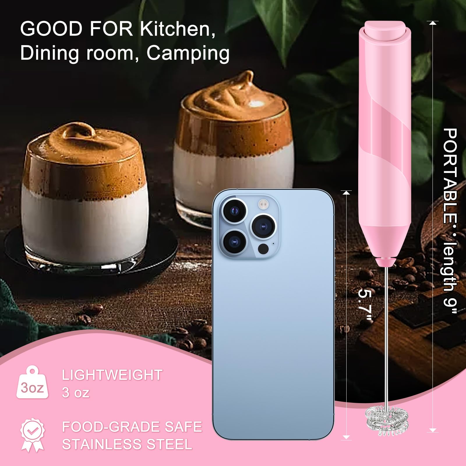 Espumador de leche doble batidor, batidora eléctrica de mano, mezclador de bebidas con agitador de acero inoxidable de grado alimenticio, máquina de espuma con pilas para café, capuchino, Matcha, café