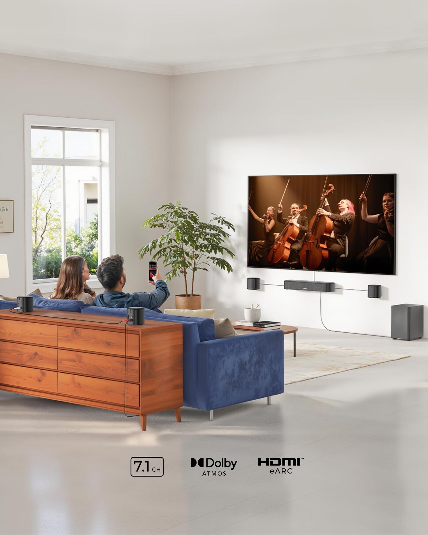 ULTIMEA 7.1CH Barra de Sonido con Dolby Atmos, Subwoofer para Teatro en Casa, Sistema de Audio Envolvente para TV con 4 Altavoces Satélite, Control por App, HDMI eARC, Aura A60