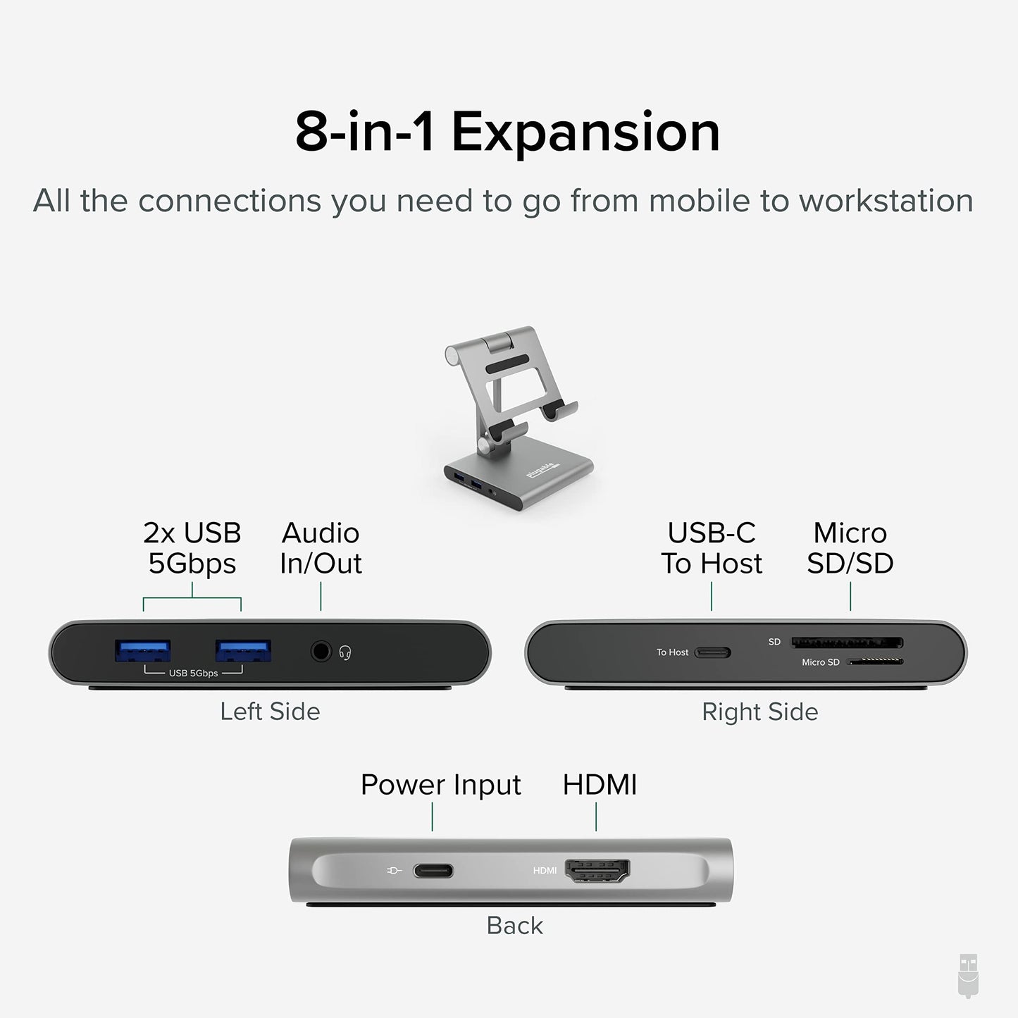 Hub USB C Plugable gris compatibilidad iPad con soporte y carga de 100W