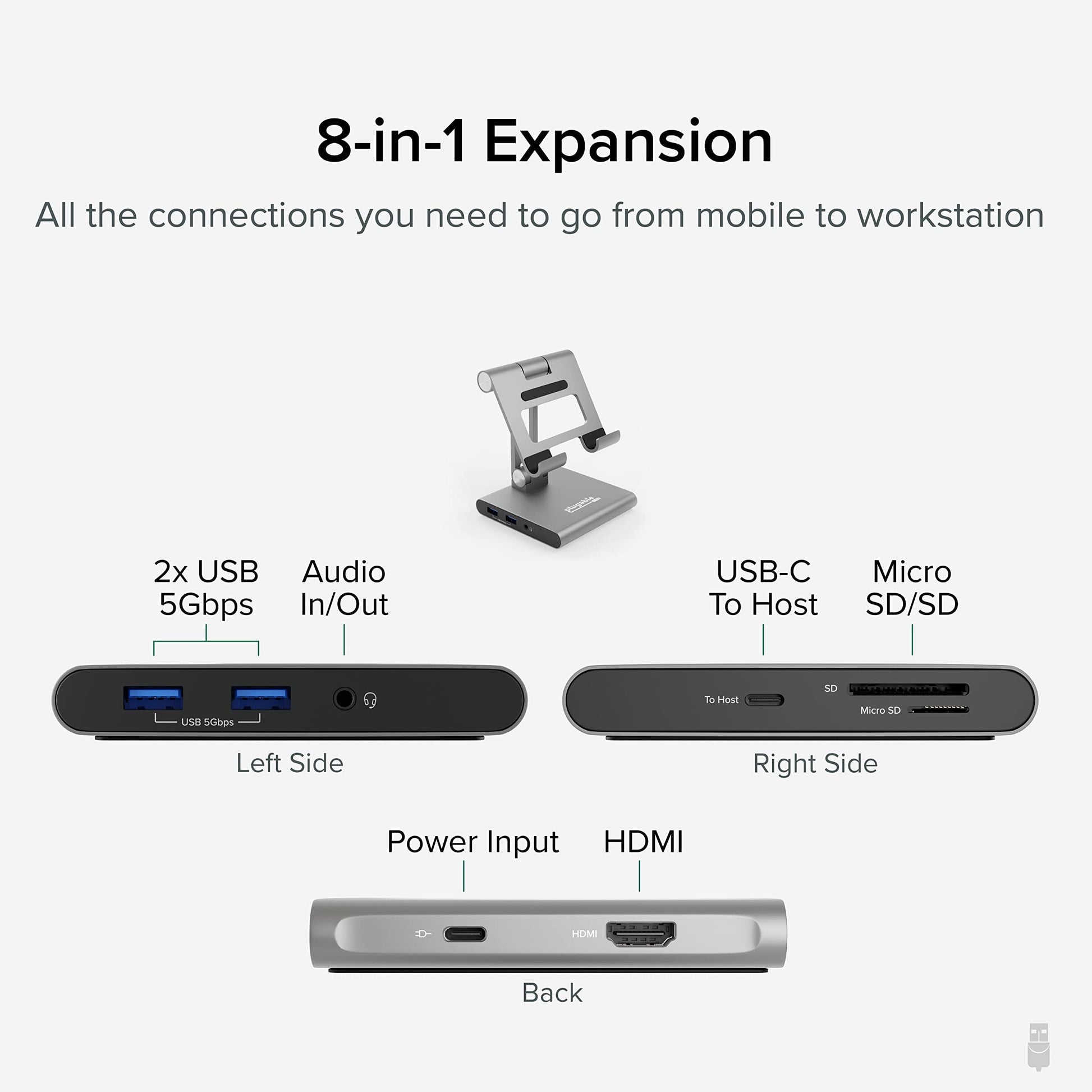 Hub USB C Plugable gris compatibilidad iPad con soporte y carga de 100W