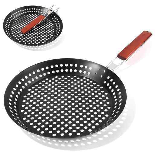 AUERQXZ Sartén Antiadherente para Asar con Mango Plegable y Diseño de Sartén Perforada de Acero al Carbono, Adecuada para Asar al Aire Libre y Cocinar Verduras y Mariscos