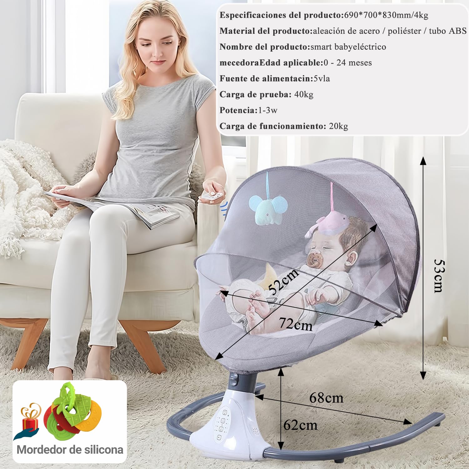 Columpio eléctrico para bebé, mecedora portátil para bebé, mecedora de interior con mando a distancia y bluetooth, 12 canciones de cuna, 4 velocidades de balanceo, arnés de 3 puntos (Gris pálido)