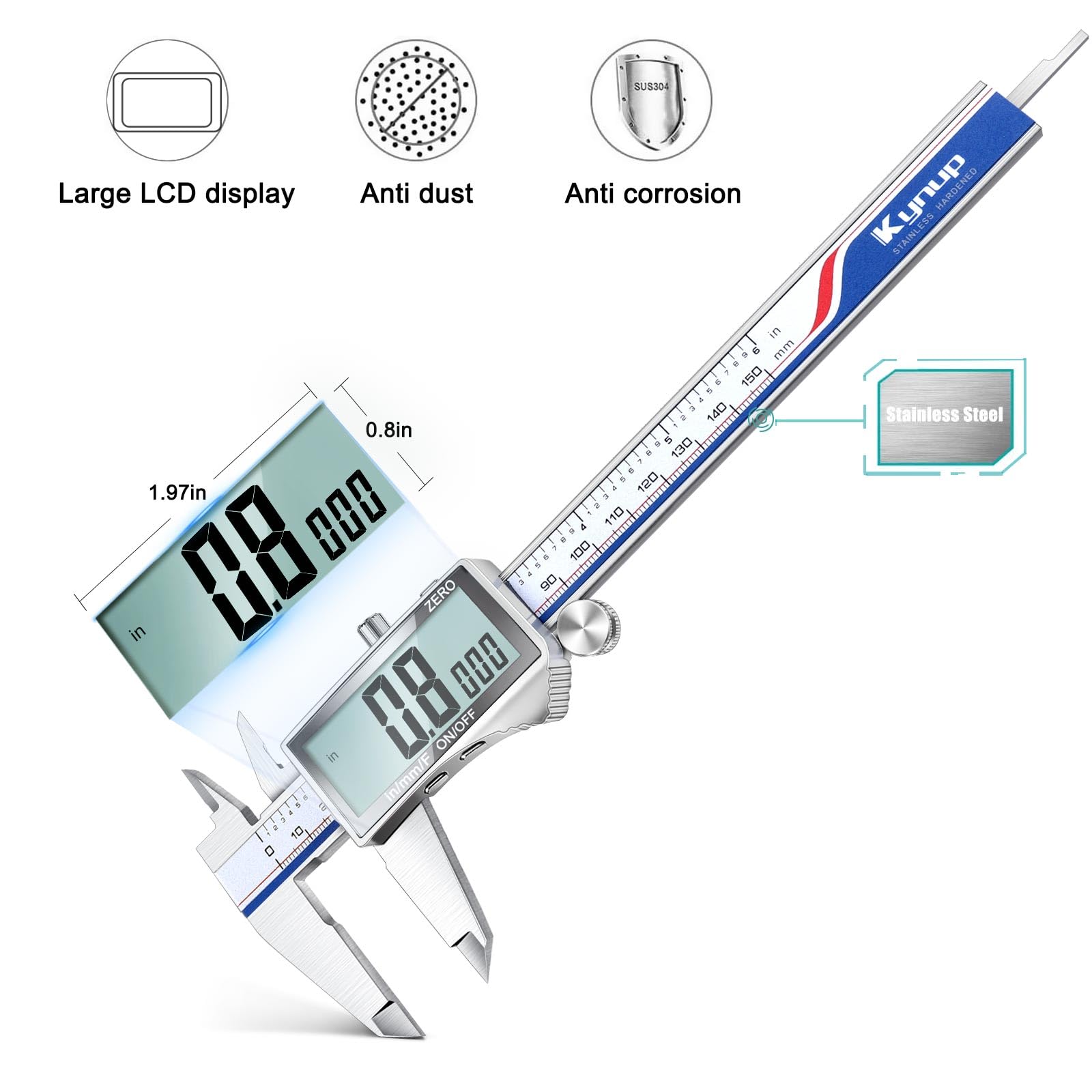 Kynup - Calibre digital, herramienta de medición de calibrador con visualización LCD grande, calibre micrómetro, acero inoxidable, a prueba de salpicaduras, fácil interruptor de fracción métrica en