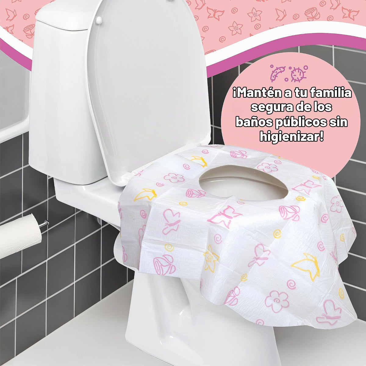 Potty Shields Fundas desechables para asientos de inodoro para niños y adultos (paquete de 12), Protección contra gérmenes de baños públicos, Impermeables, XL para cubrir TODO el inodoro, Rosa/Floral