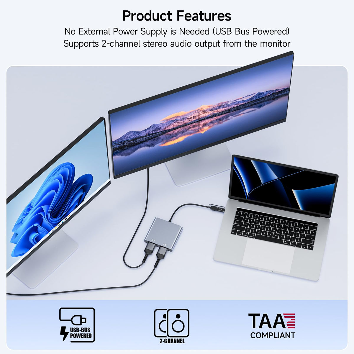 Adaptador USB a HDMI Dual KCEVE en Negro con Multipuerto Splitter Compatible con 1080p para Windows y M1/M2 Mac OS