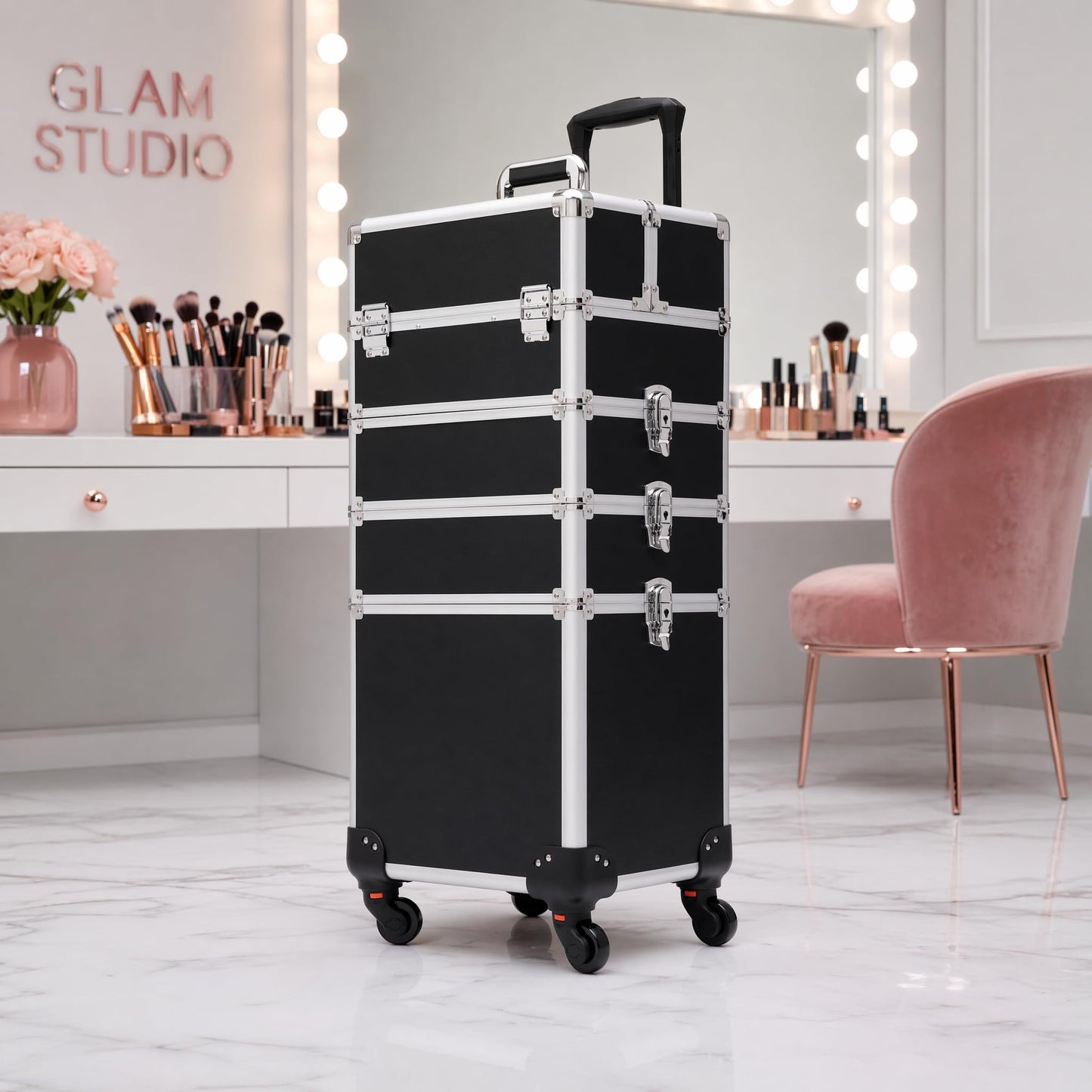 Gdsshuhung - Estuche de maquillaje para tren rodante, organizador profesional de cosméticos con marco de aluminio, bandejas plegables y ruedas, portátil para viajes y estudio, Rosa, Estuche de