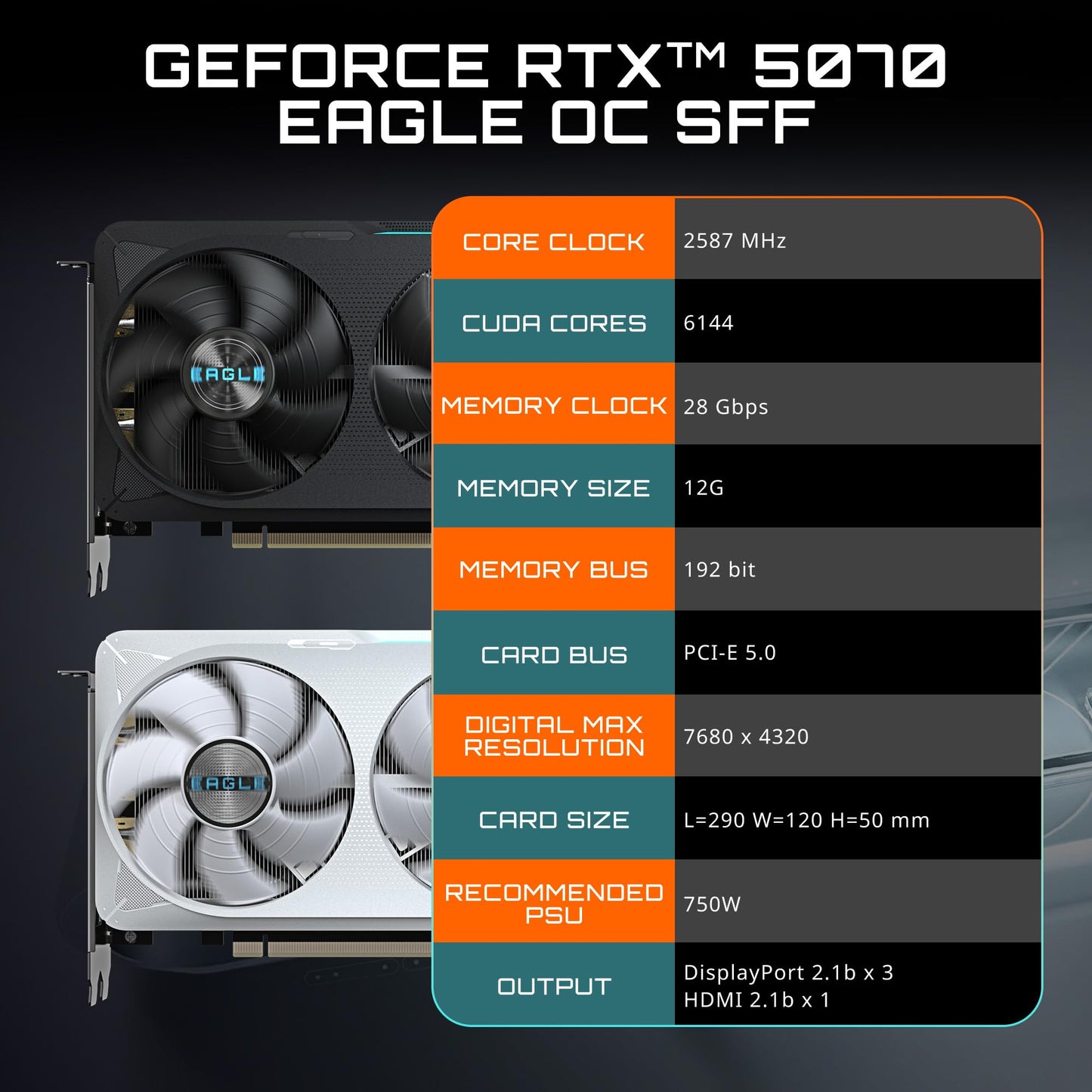 GIGABYTE Tarjeta gráfica GeForce RTX 5070 Eagle OC Ice SFF 12G, GDDR7 de 12 GB de 192 bits, PCIe 5.0, Sistema de enfriamiento WINDFORCE, GV-N5070EAGLEOC ICE-12GD