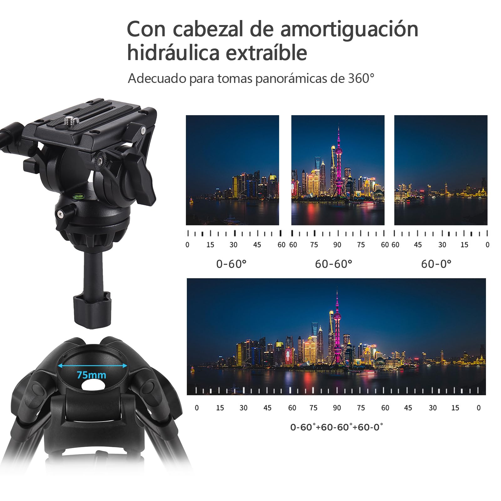 Tripie Profesional Aleación de Aluminio 180cm con Cabezal Hidráulico Fluido Panorámico para Cámaras DSLR y Videocámaras