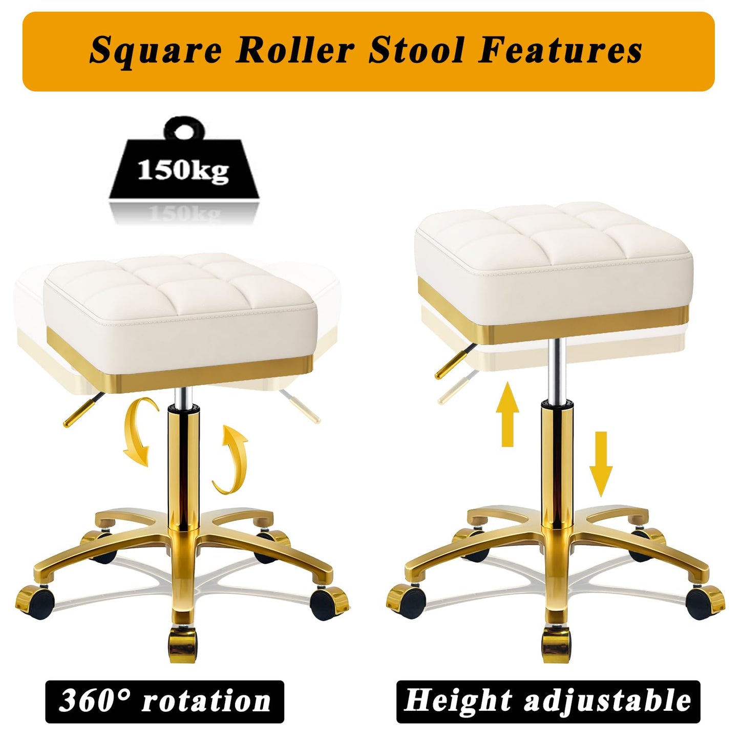 CQAEBK - Taburete giratorio cuadrado dorado ajustable con ruedas, con pestañas de cambiador, silla de rodillo de spa, masaje estético, taburete de pedicura, marco chapado en oro resistente (blanco)