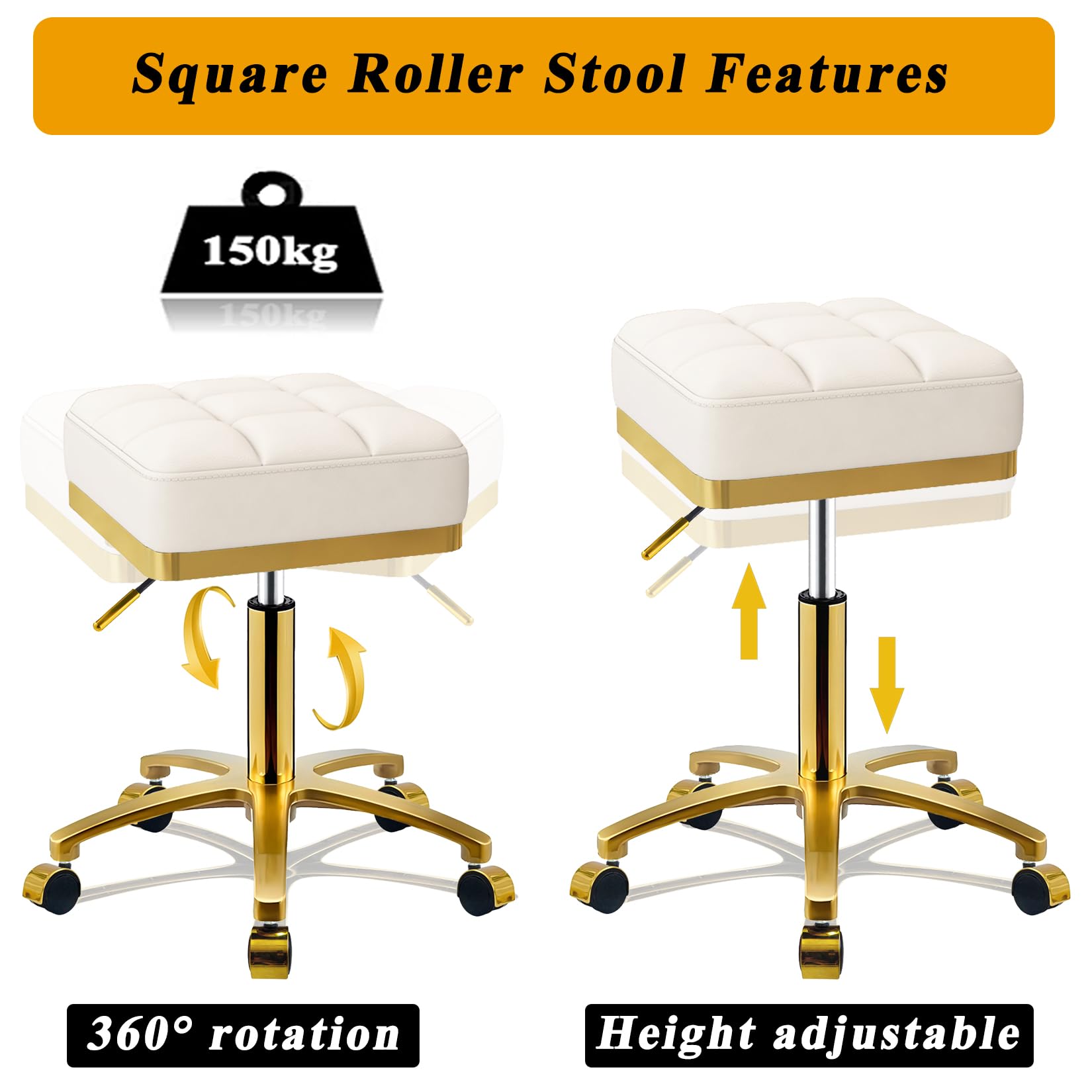 CQAEBK - Taburete giratorio cuadrado dorado ajustable con ruedas, con pestañas de cambiador, silla de rodillo de spa, masaje estético, taburete de pedicura, marco chapado en oro resistente (blanco)
