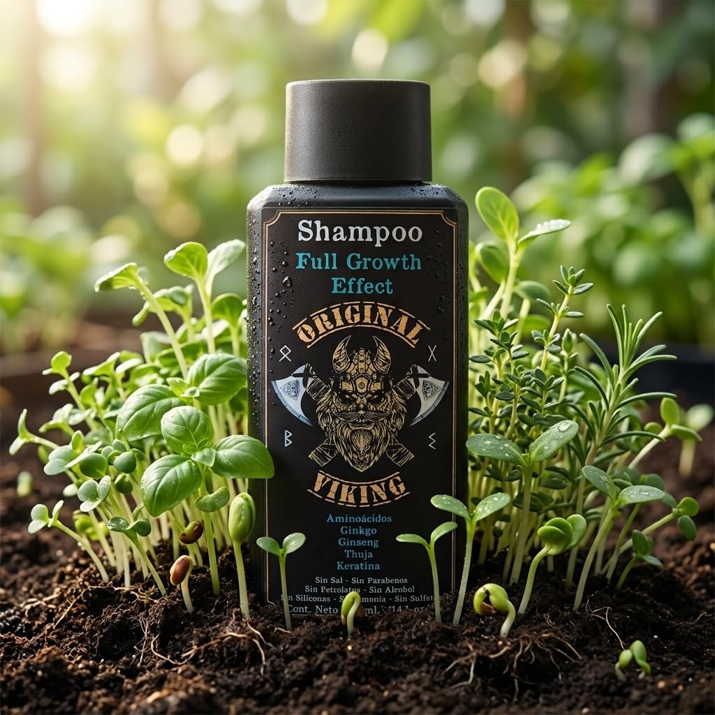 ORIGINAL VIKING | Shampoo Full Growth Effect. Shampoo Premium de Crecimiento con proteínas, extractos, sin formaldehídos, sin parabenos, sin alcohol, sin sal añadida, sin siliconas. 400ml