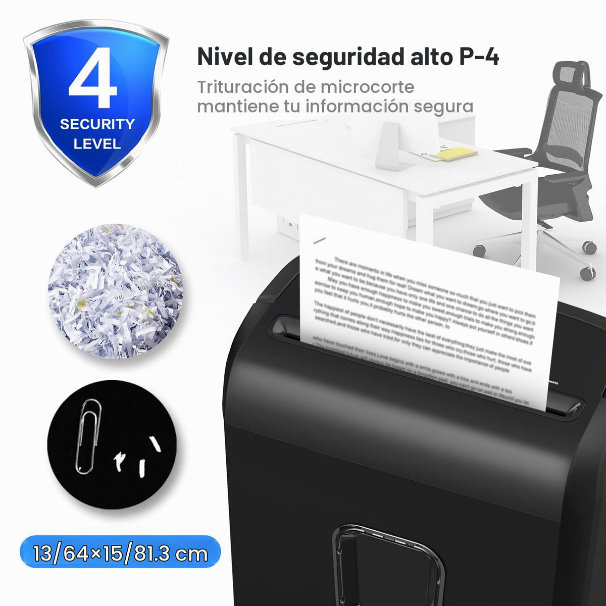 Trituradora de Papel Bonsaii Negra de Microcorte P-4 de Alta Seguridad para Oficina y Hogar