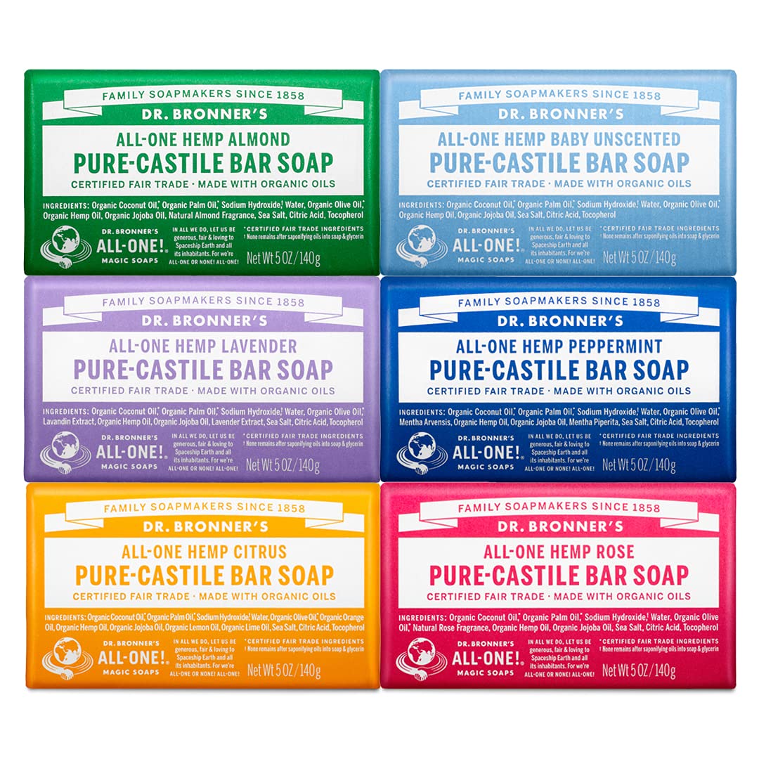 Dr. Bronner's | Jabón de Castilla Orgánico en Variedad de 6 Aromas Diferentes | Remuve Células Muertas | Fórmula Concentrada | 140 g c/u