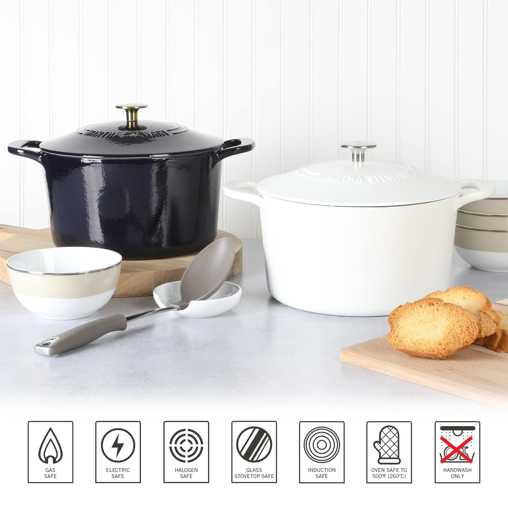 MARTHA STEWART Gatwick - Olla para horno holandesa de hierro fundido esmaltado de 7 cuartos con tapa, color blanco mate