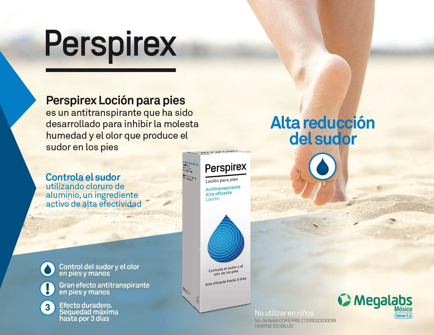 Perspirex Locion antitranspirante personal | para control de sudoración en manos y pies | clínicamente probado | 120 HORAS o 5 DIAS de proteccion | aplicar 2 veces por semana | con 100ml